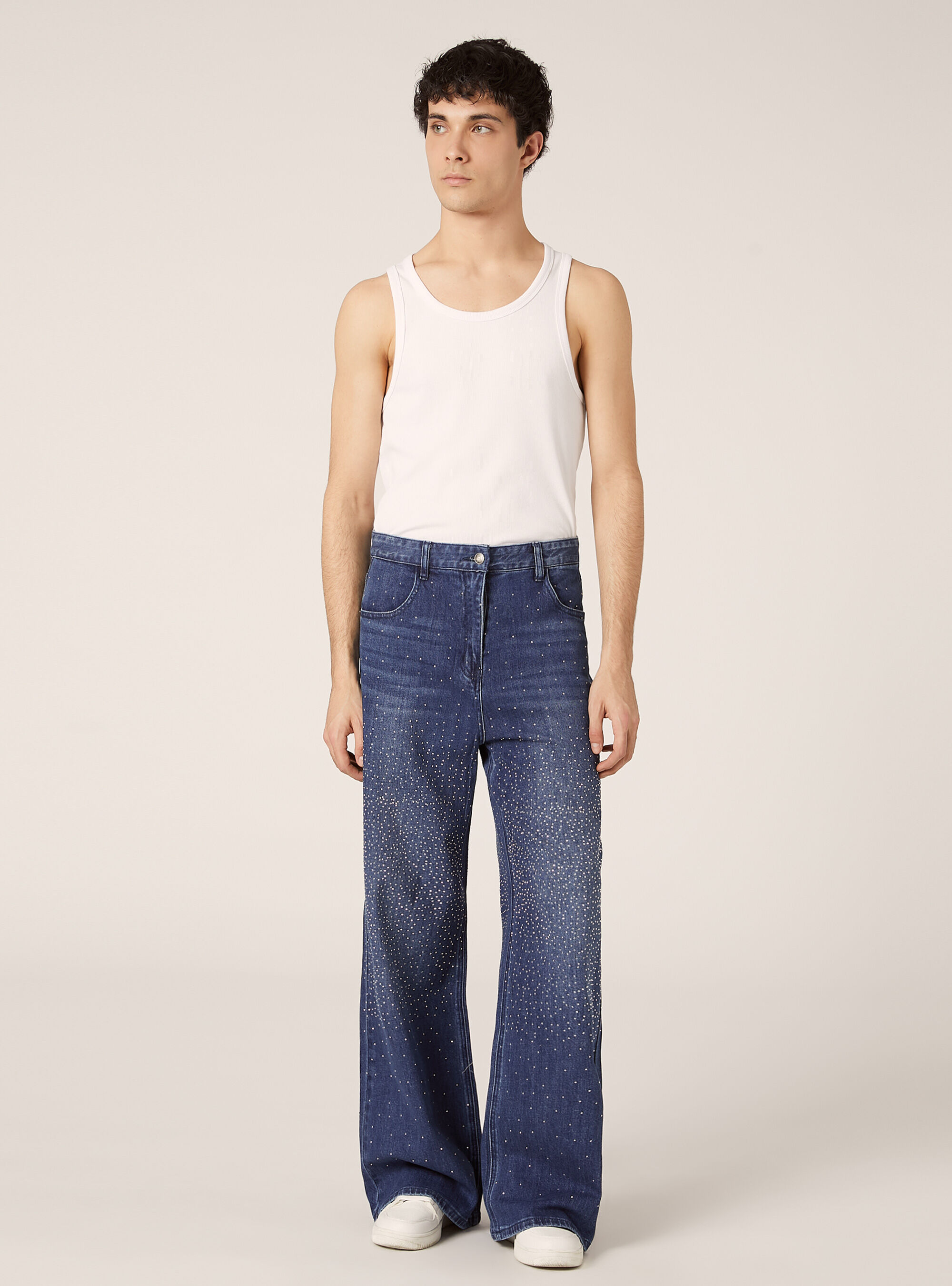 Jeans straight high rise con strass, D003 MEDIUM BLUE