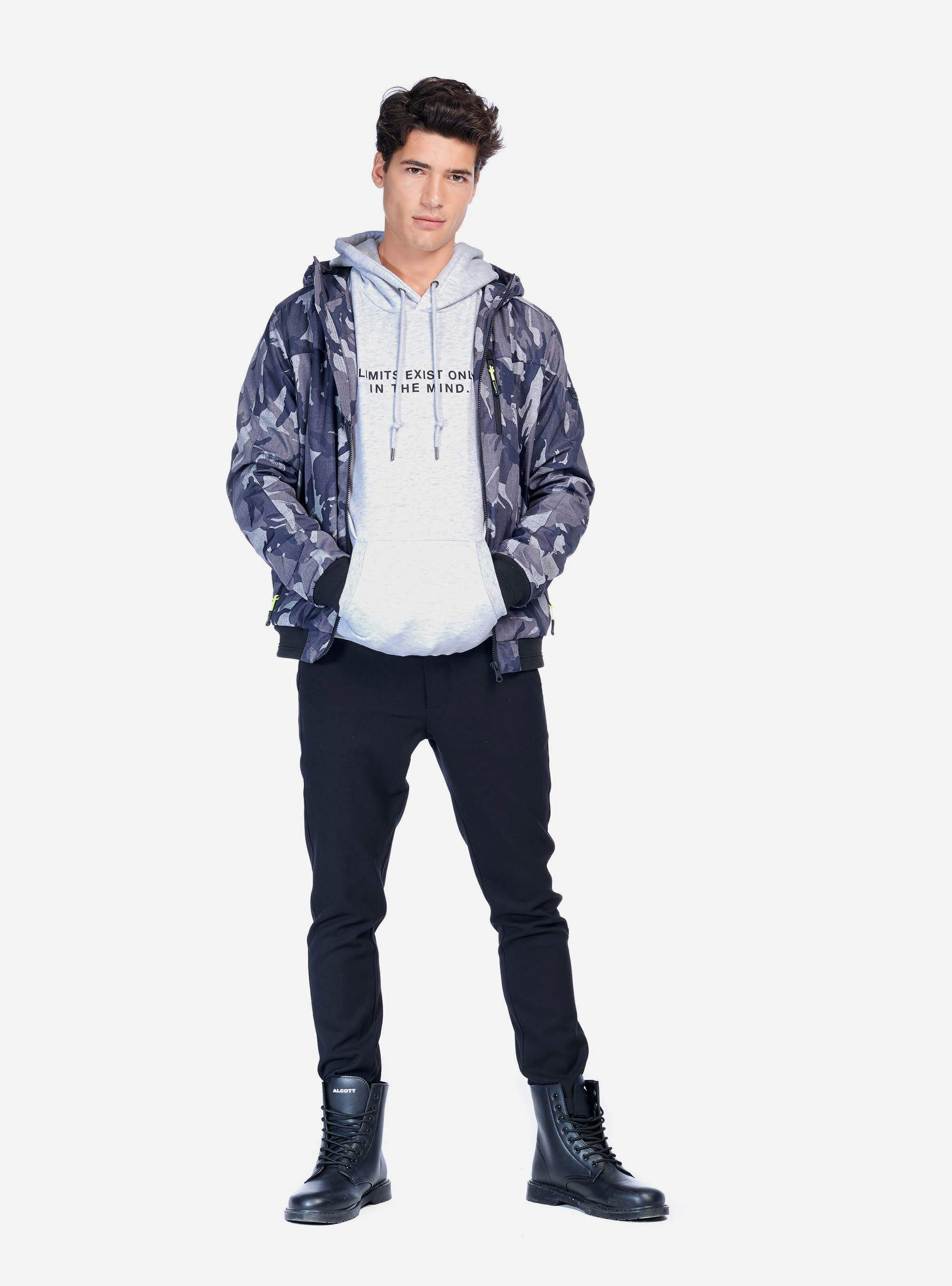 Felpa con cappuccio e stampa a constrasto, BIANCO GHIACCIO