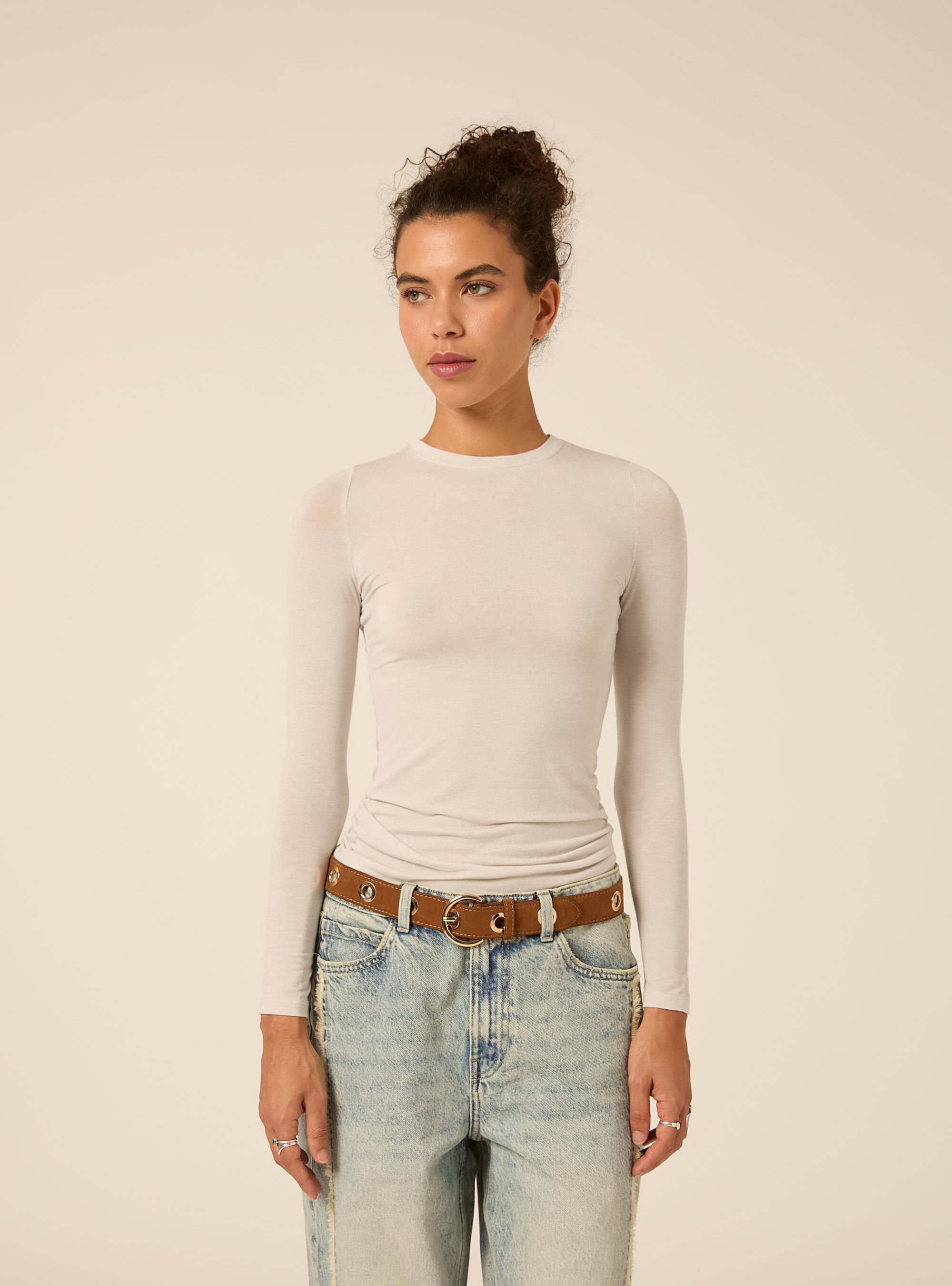 Camiseta de manga larga con cuello redondo en mezcla de cashmere