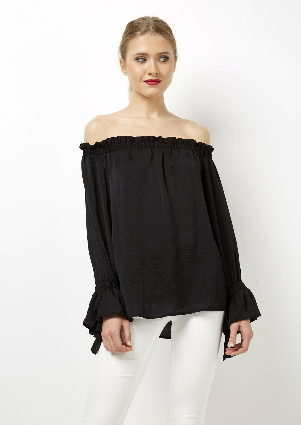 Blusa con scollo bardot, BLACK