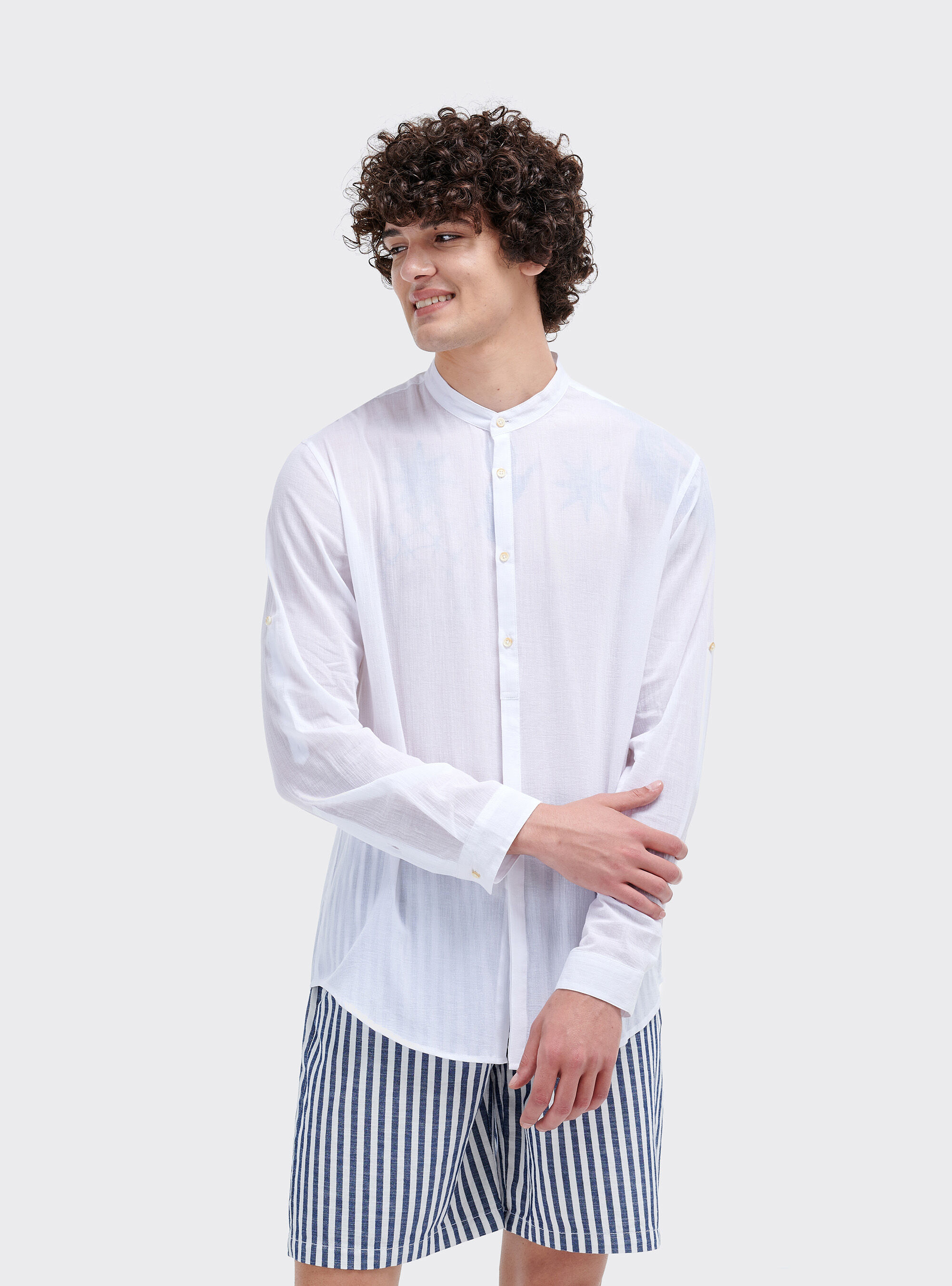 Chemise col mao &agrave; manches longues, C099 WHITE