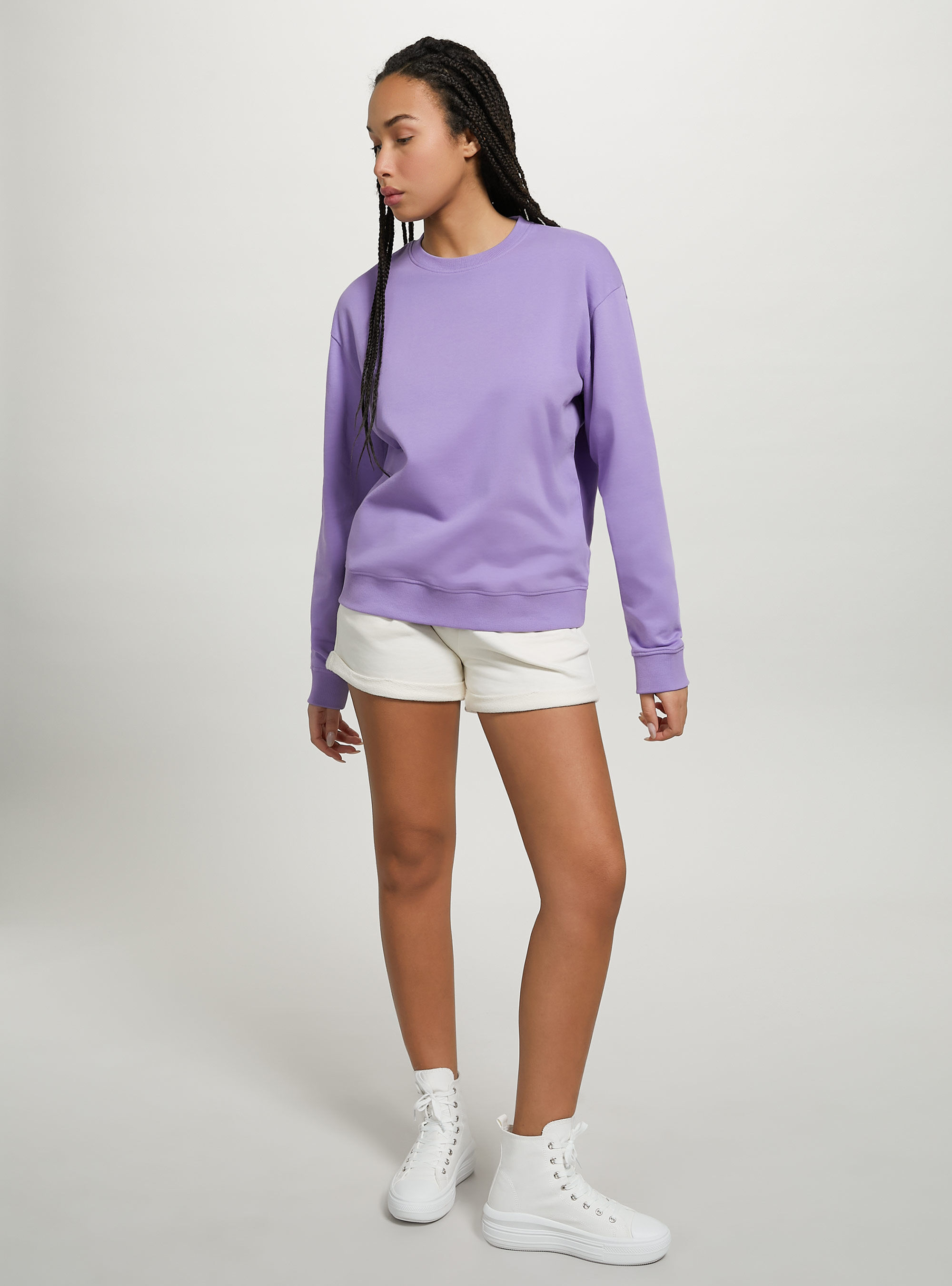 Plain cotton crew-neck sweatshirt, LC1 LILLAC DARK