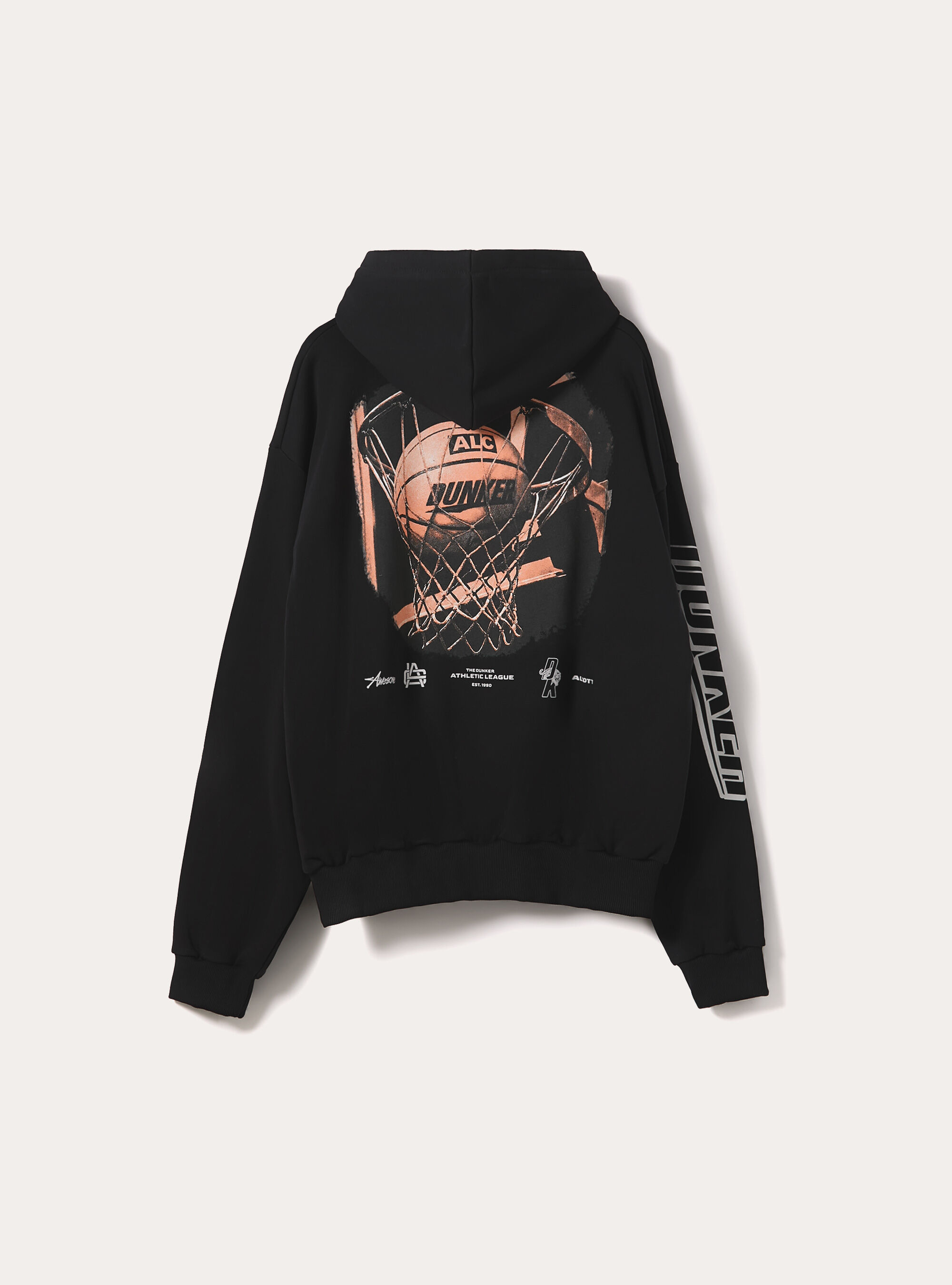 Felpa cappuccio con stampa basket boxy fit, BK1 BLACK