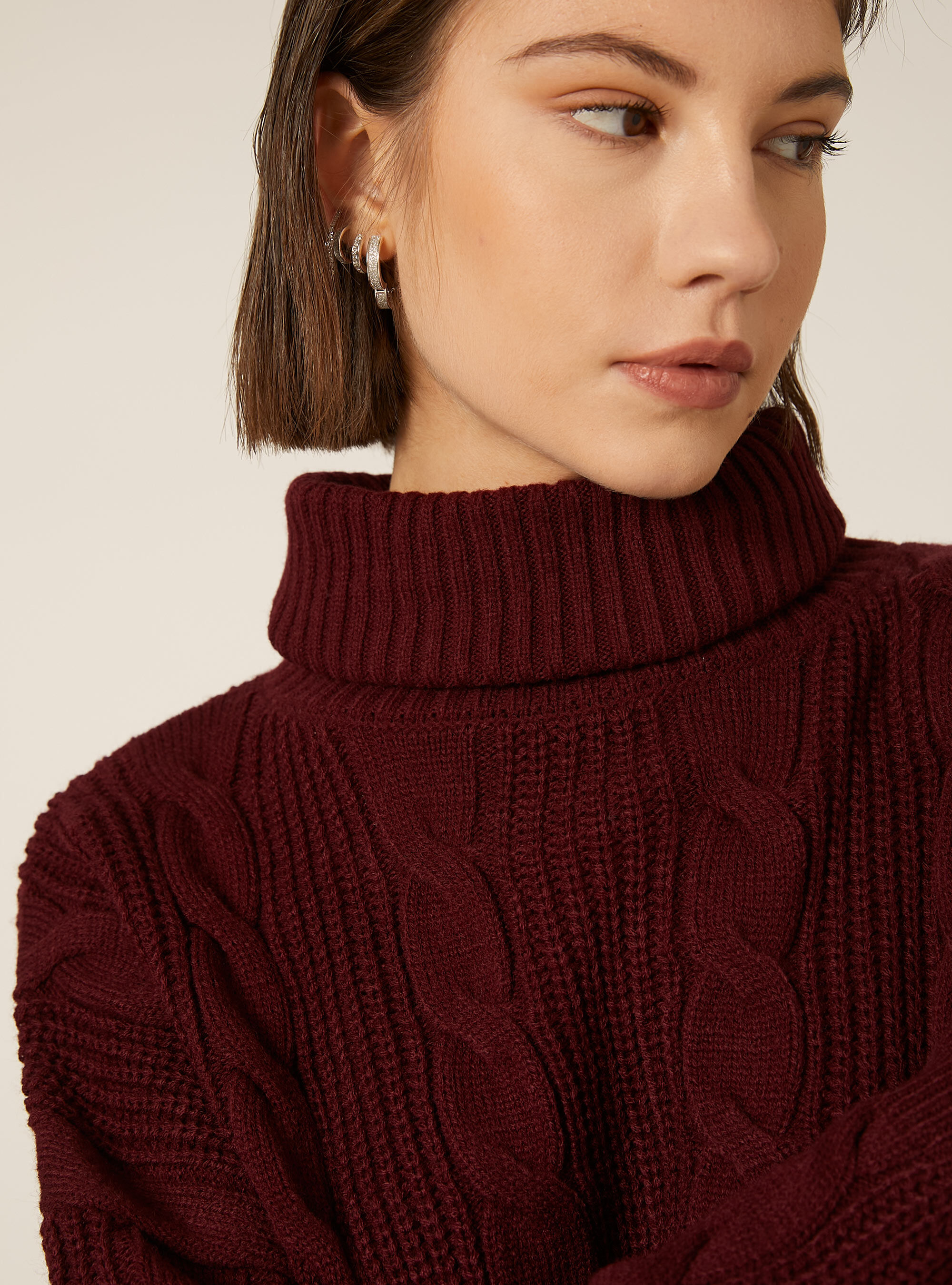 High-neck pullover with cable knit, BO2 BORDEAUX MEDIUM
