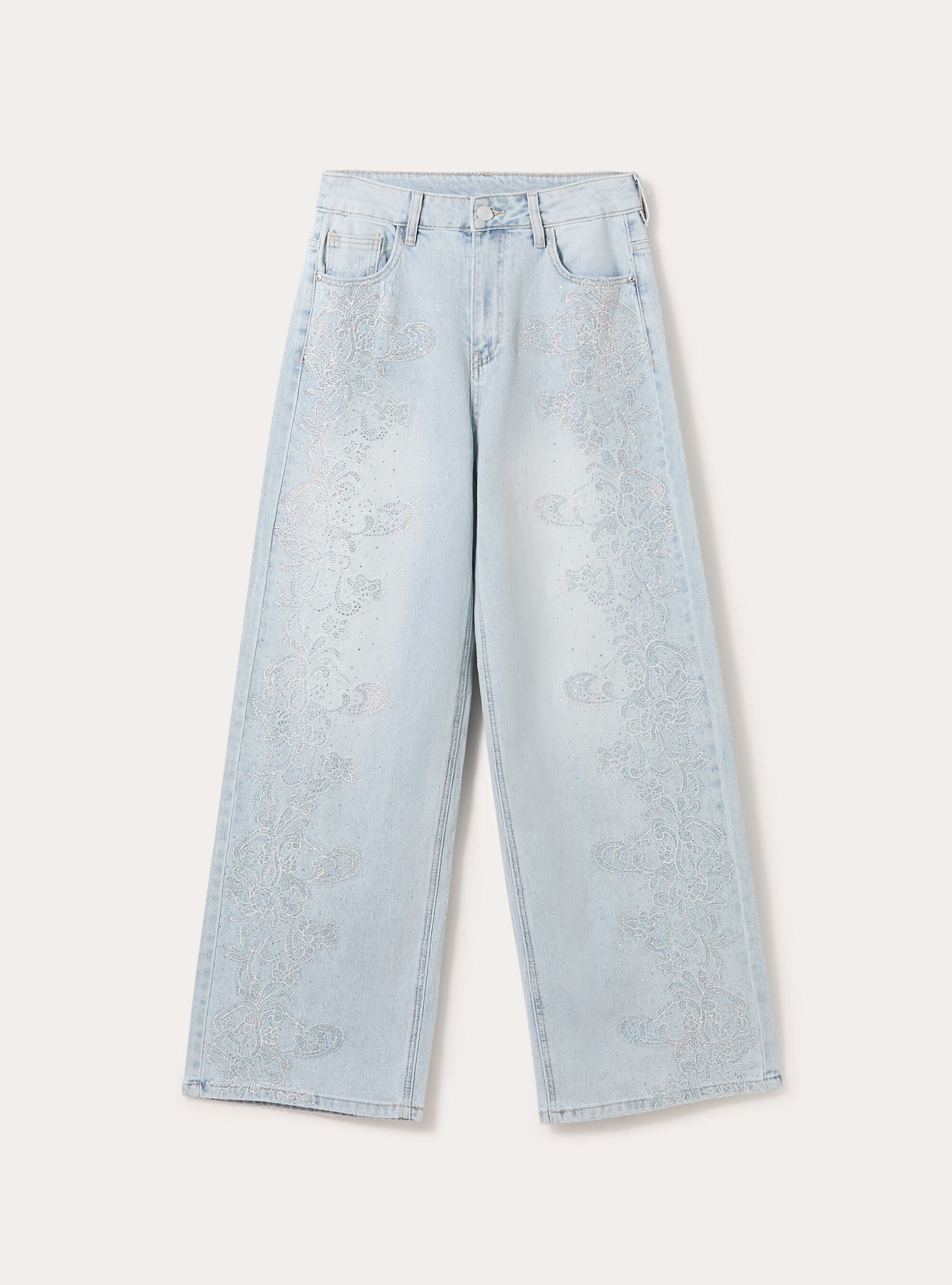 Jeans coupe droite avec broderies et strass