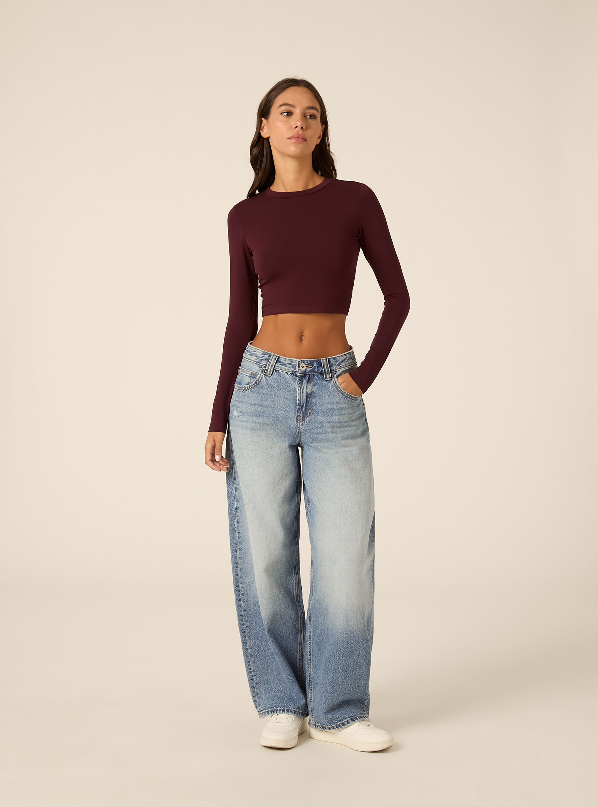 Maglia crop a maniche lunghe, BO1 BORDEAUX DARK