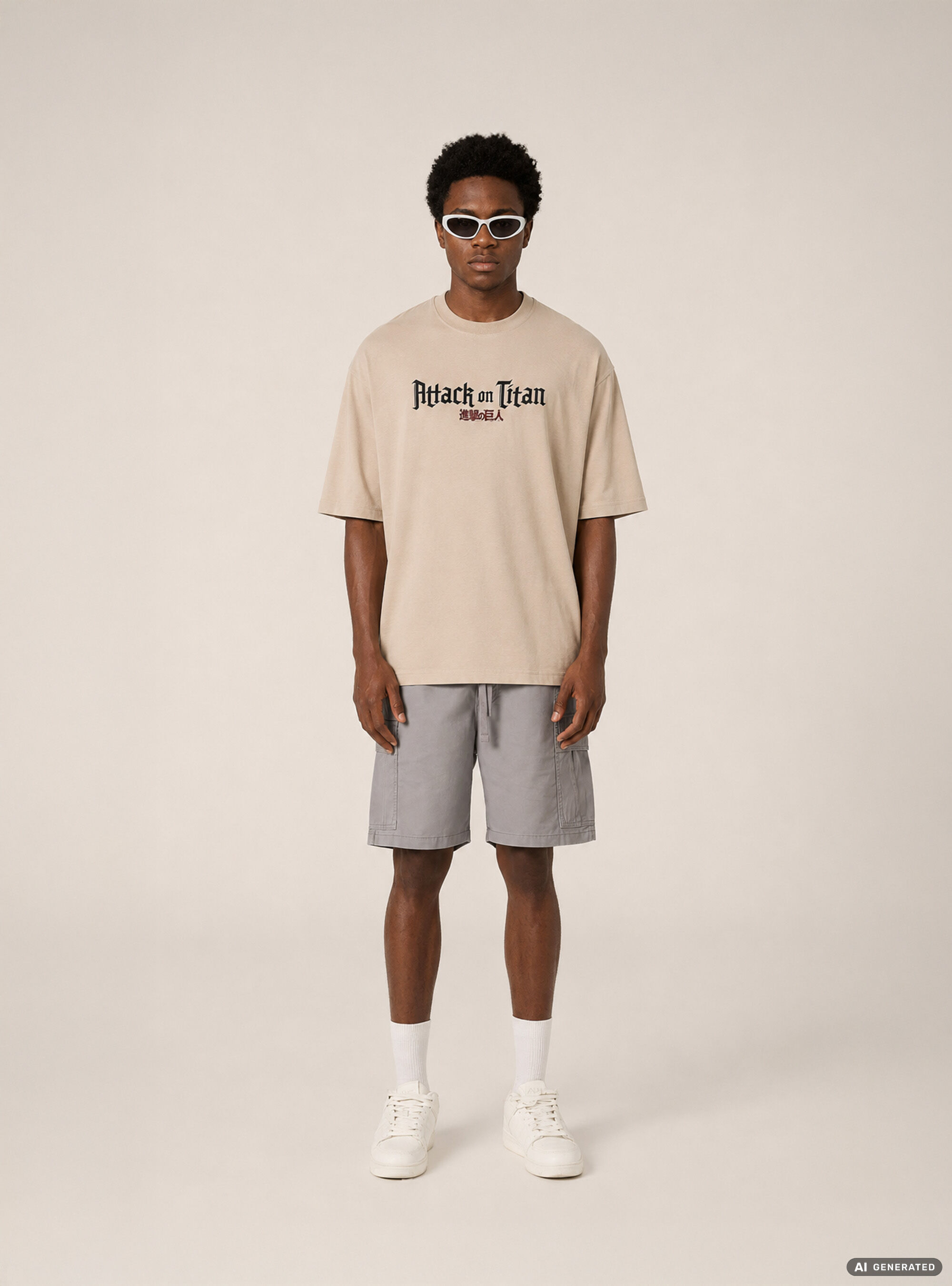 T-shirt attack on titan boxy fit, BG2 BEIGE MEDIUM