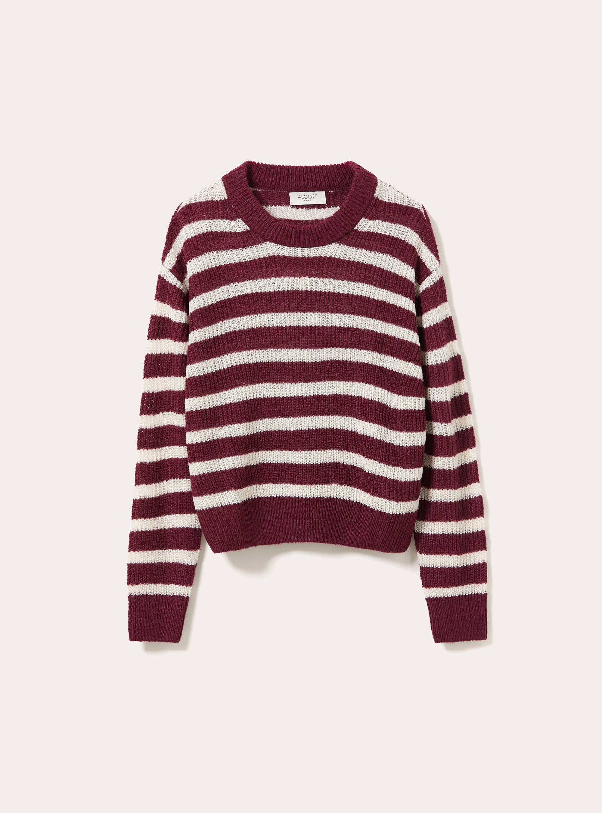 Open knit striped crew neck jumper, BO1 BORDEAUX DARK