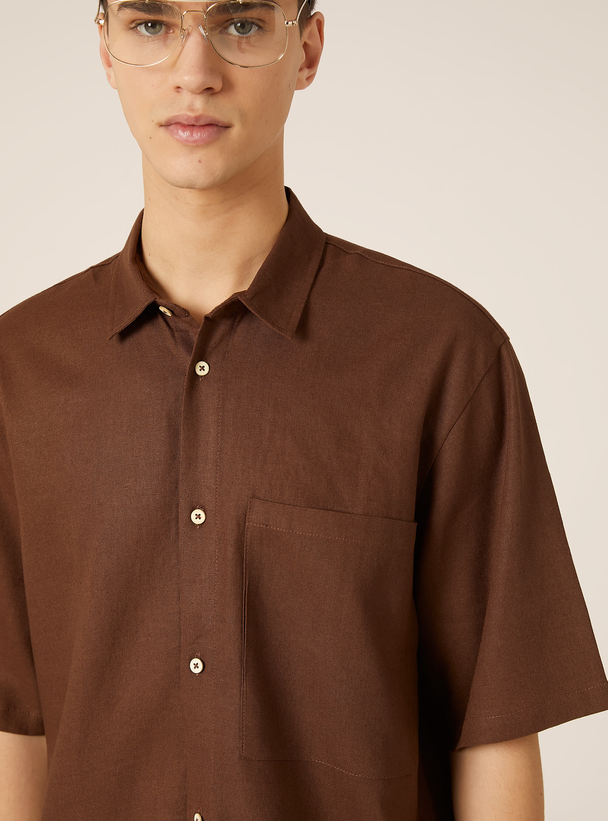 Camicia  in misto lino  con taschino, BR1 BROWN DARK