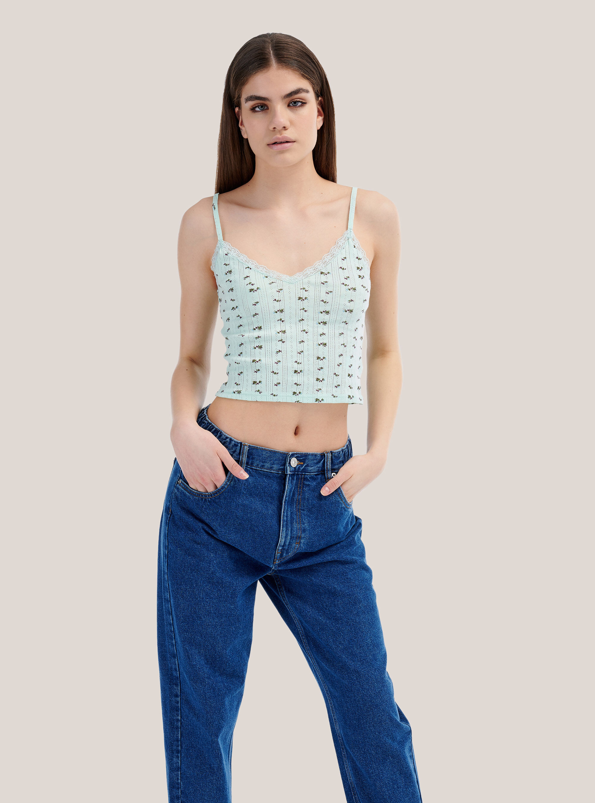 Cropped top a costina con stampa a fiori, C6692 MINT