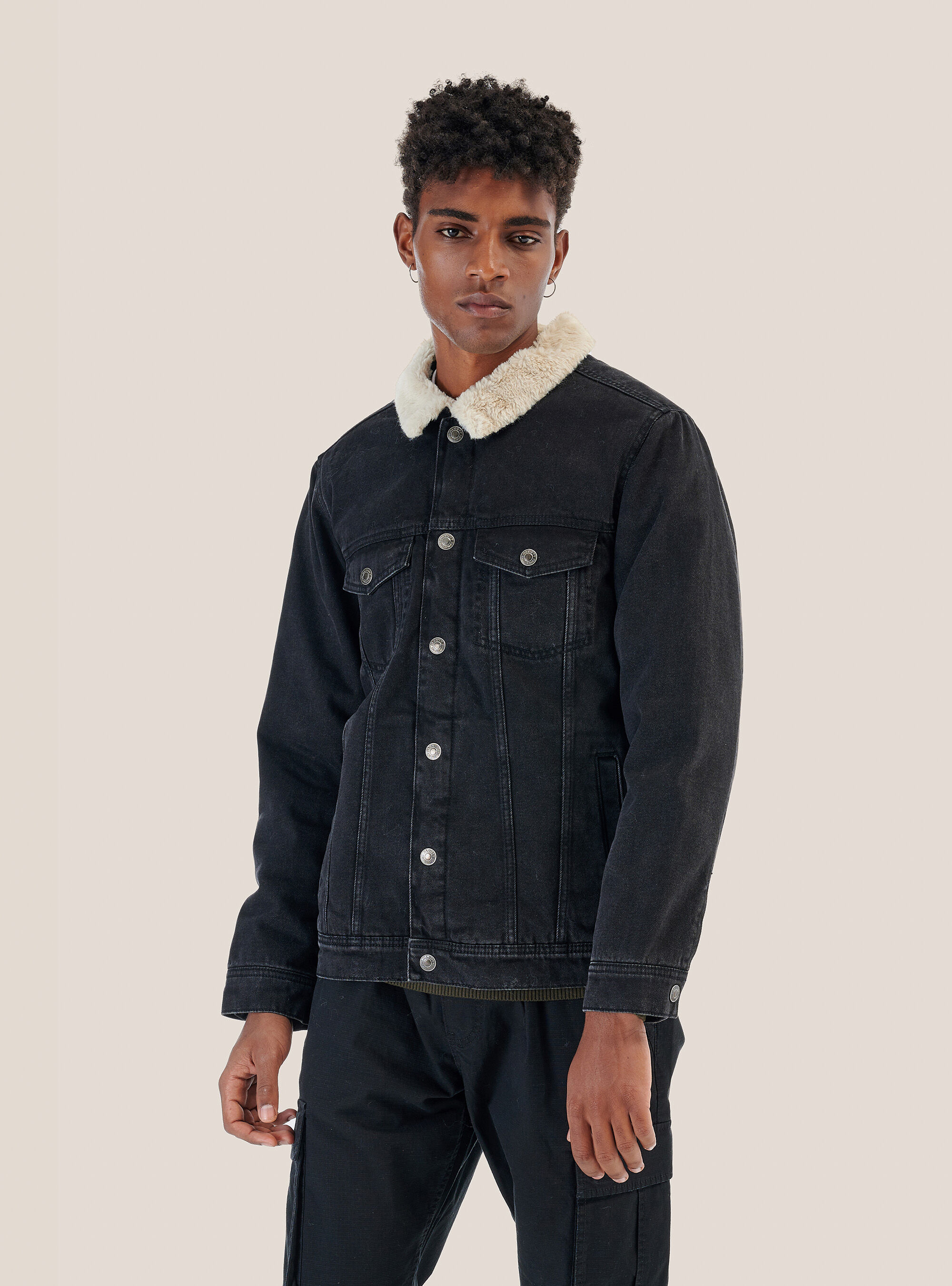 Denim jacket with lambskin inserts