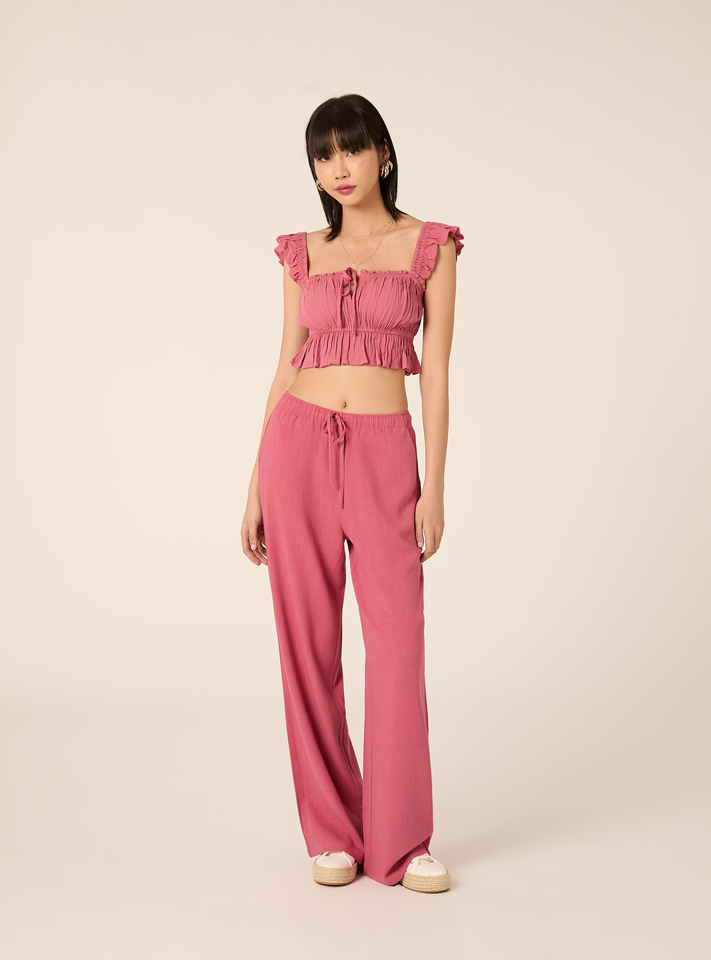 Crepe top with ruffles, PK1 PINK DARK