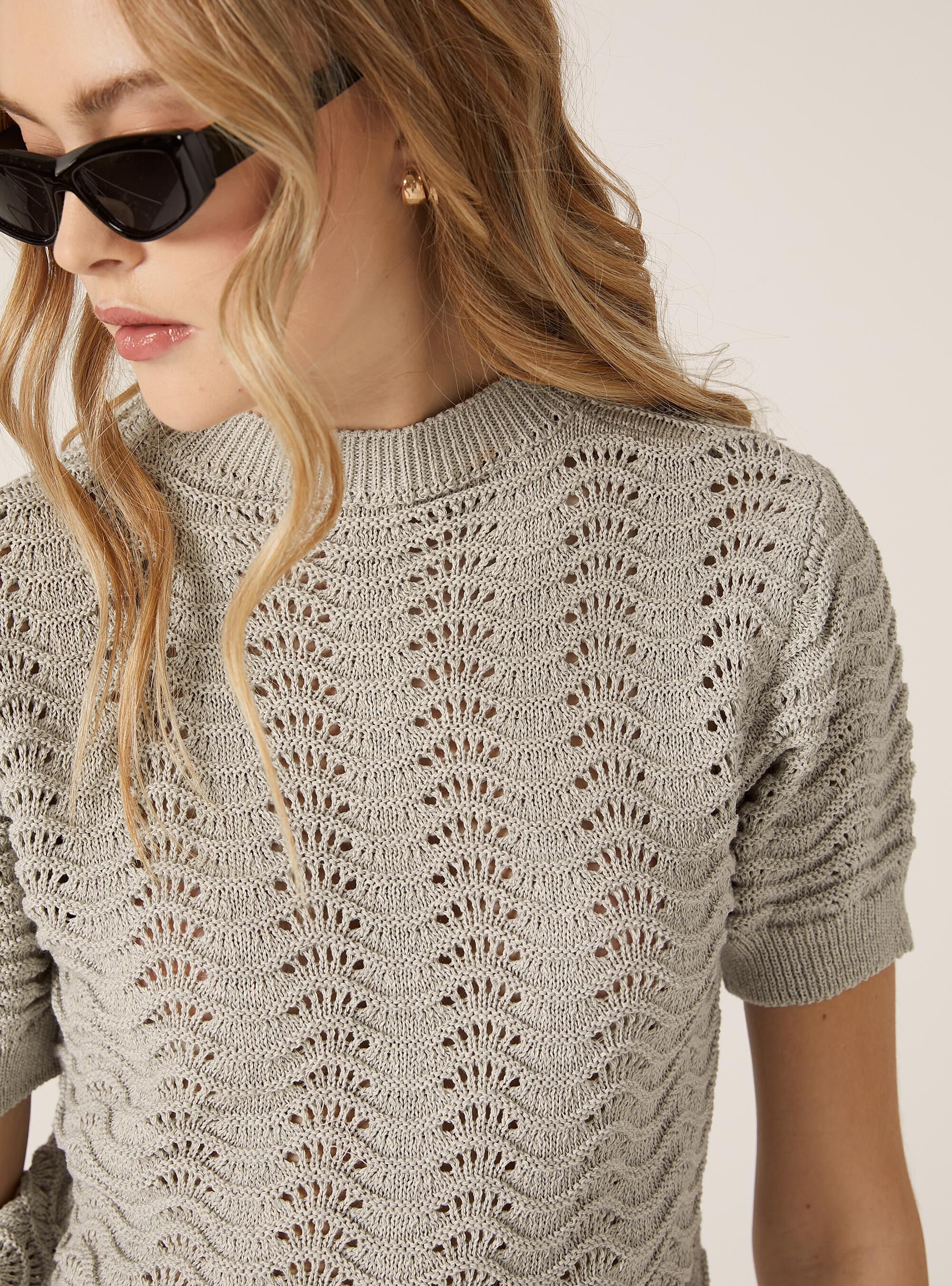 Openwork short-sleeved cropped jersey, MGY1 GREY MEL DARK