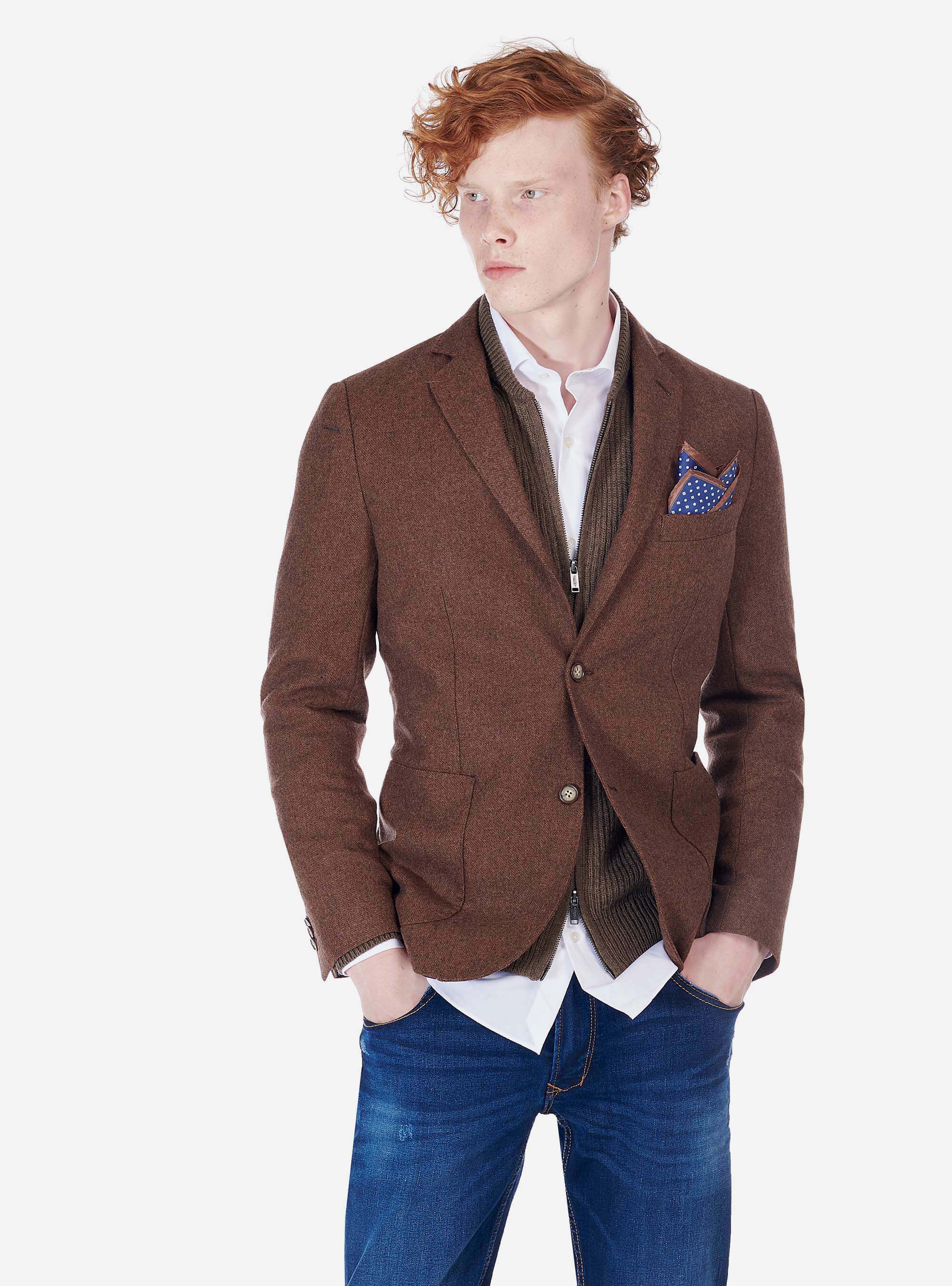 Giacca con tessuto armaturato in misto lana, TABACCO