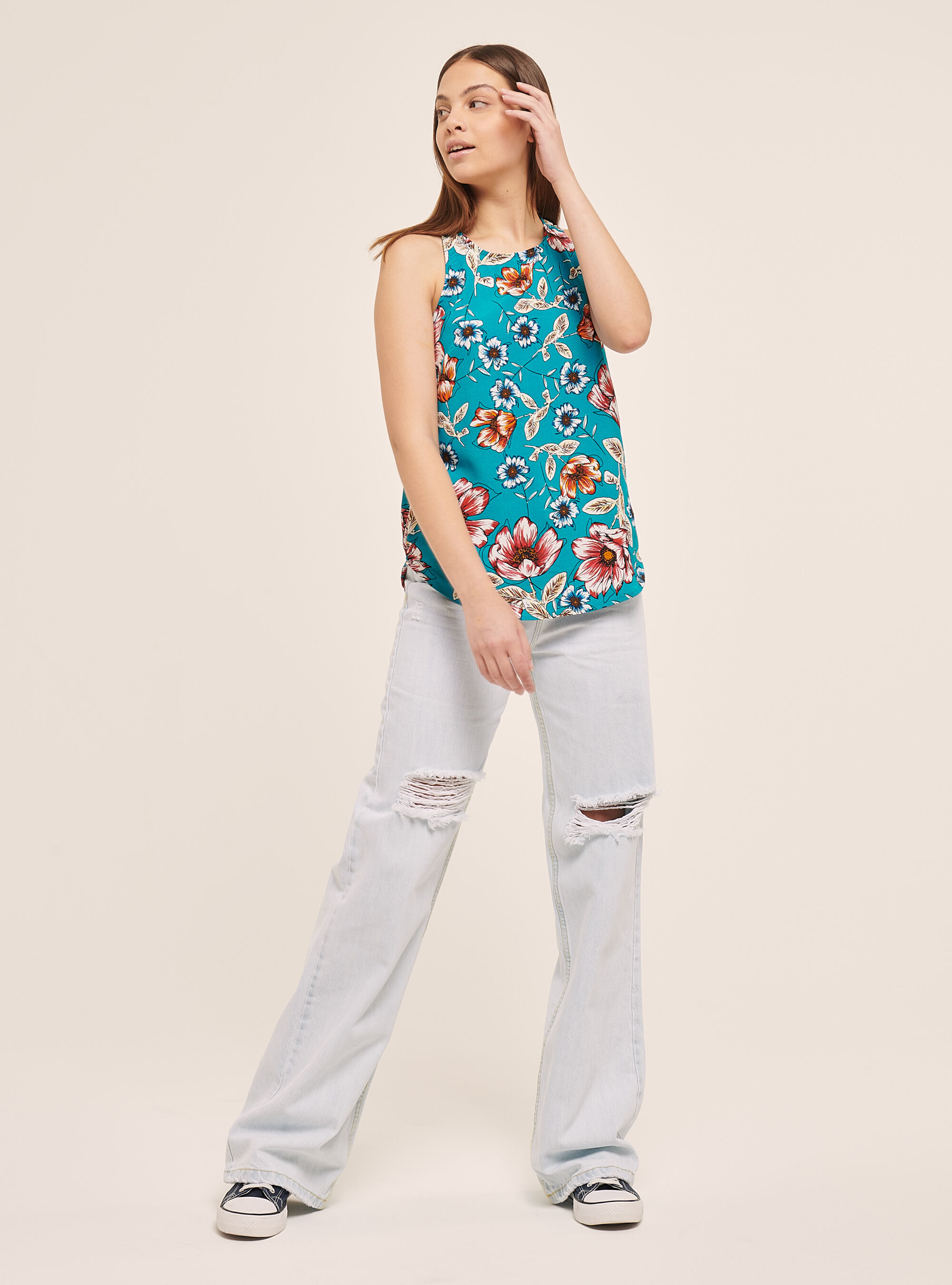 Blouse with floral print and zip at the back, FLOWER GREEN