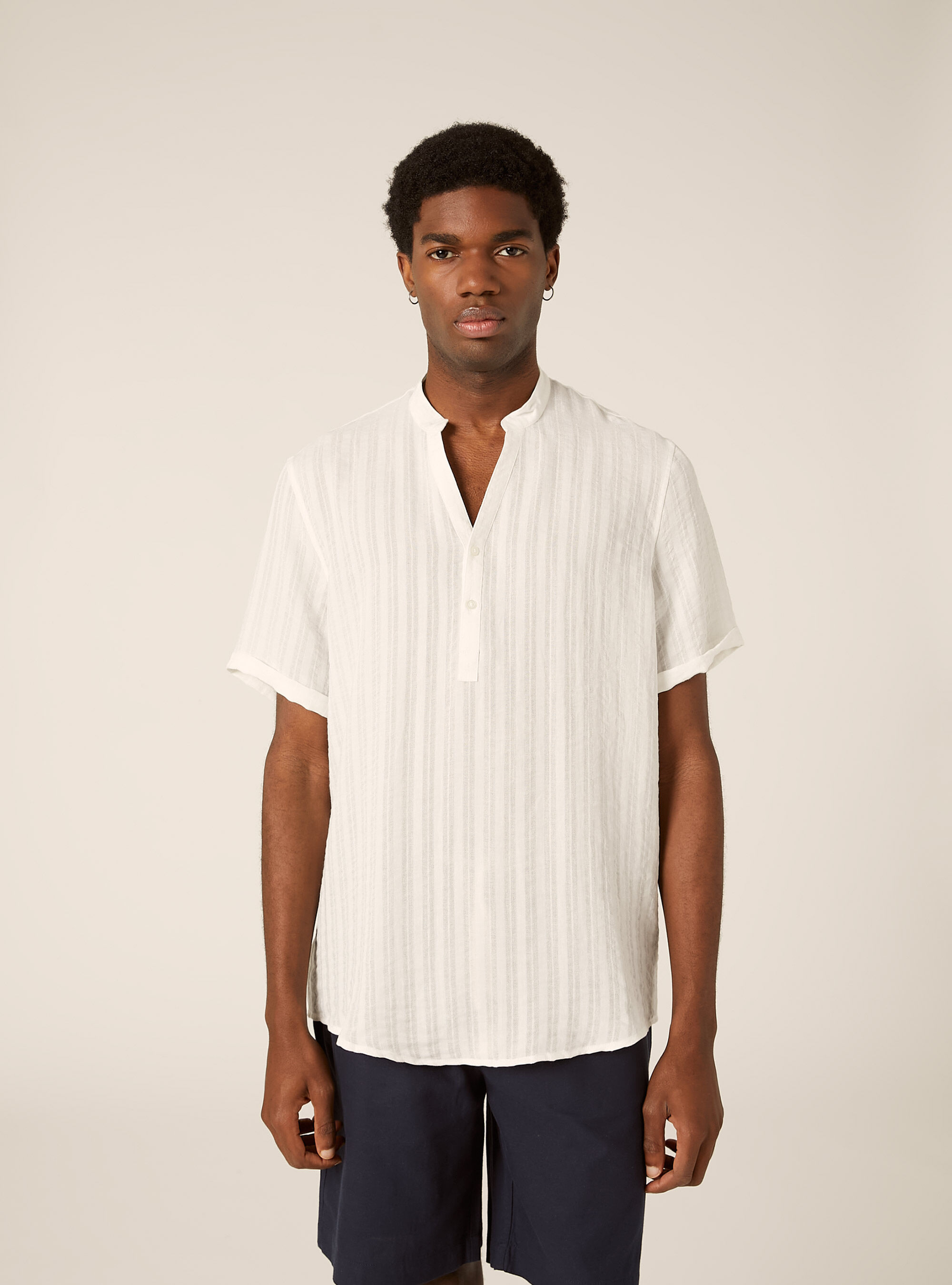Short Sleeve Henley Popover Shirt with Vertical Texture