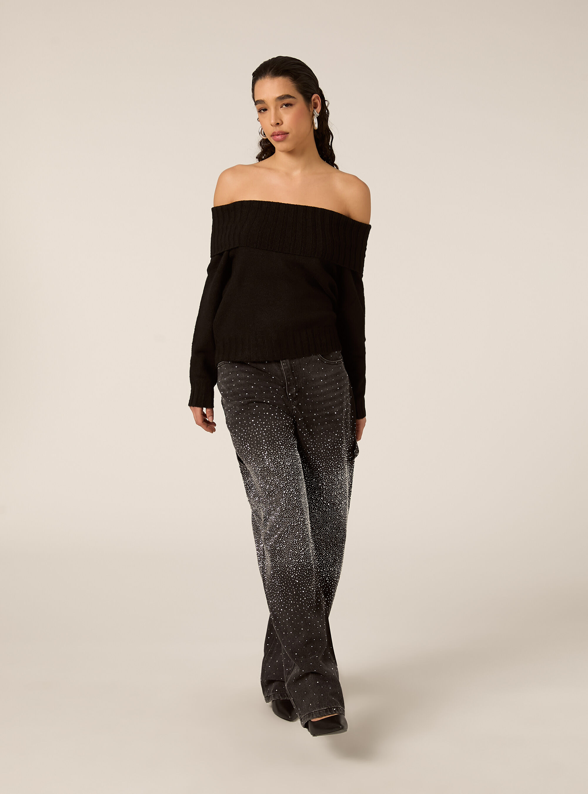 Maglia con spalle scoperte bardot, BK1 BLACK