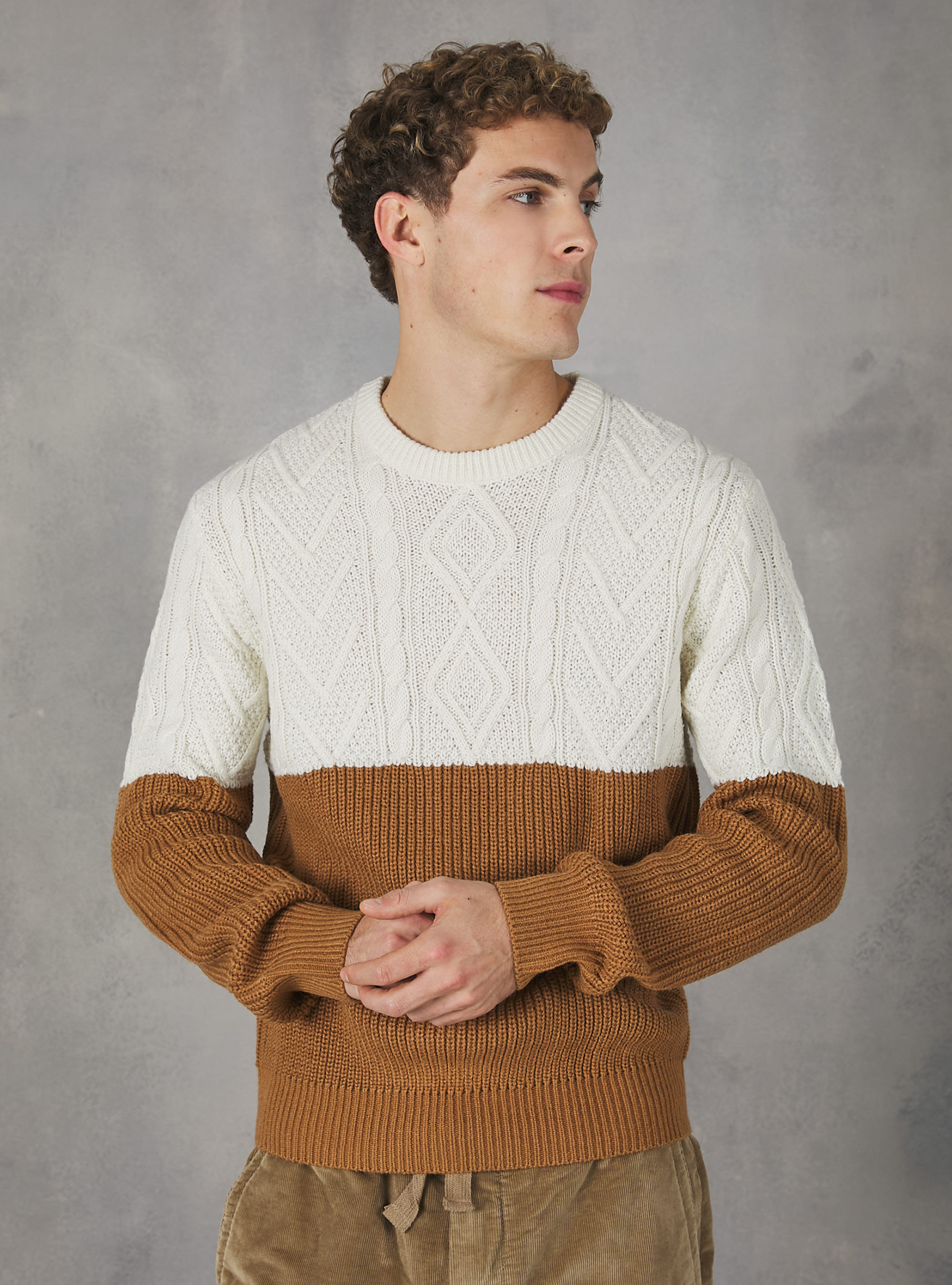 Pullover color block in misto lana con lavorazione a trecce, WH2 WHITE