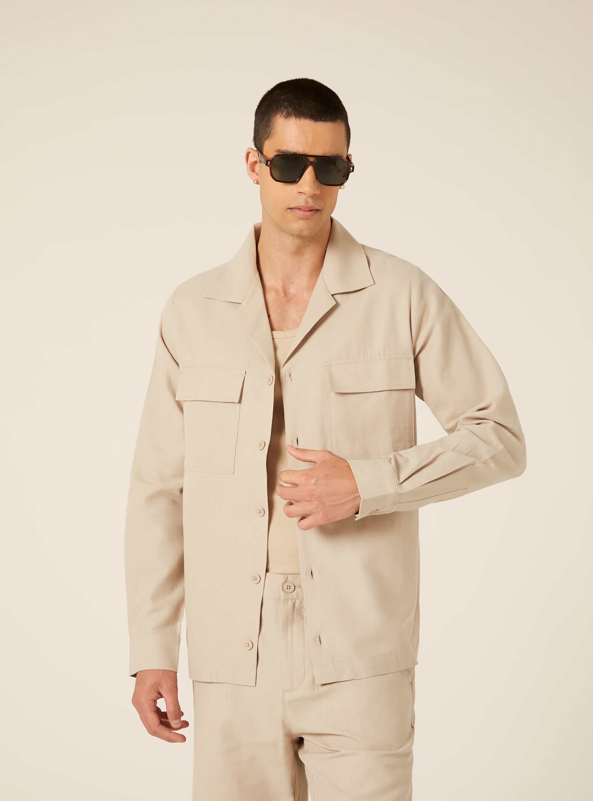 Camicia  con tasconi  in misto lino, BG2 BEIGE MEDIUM