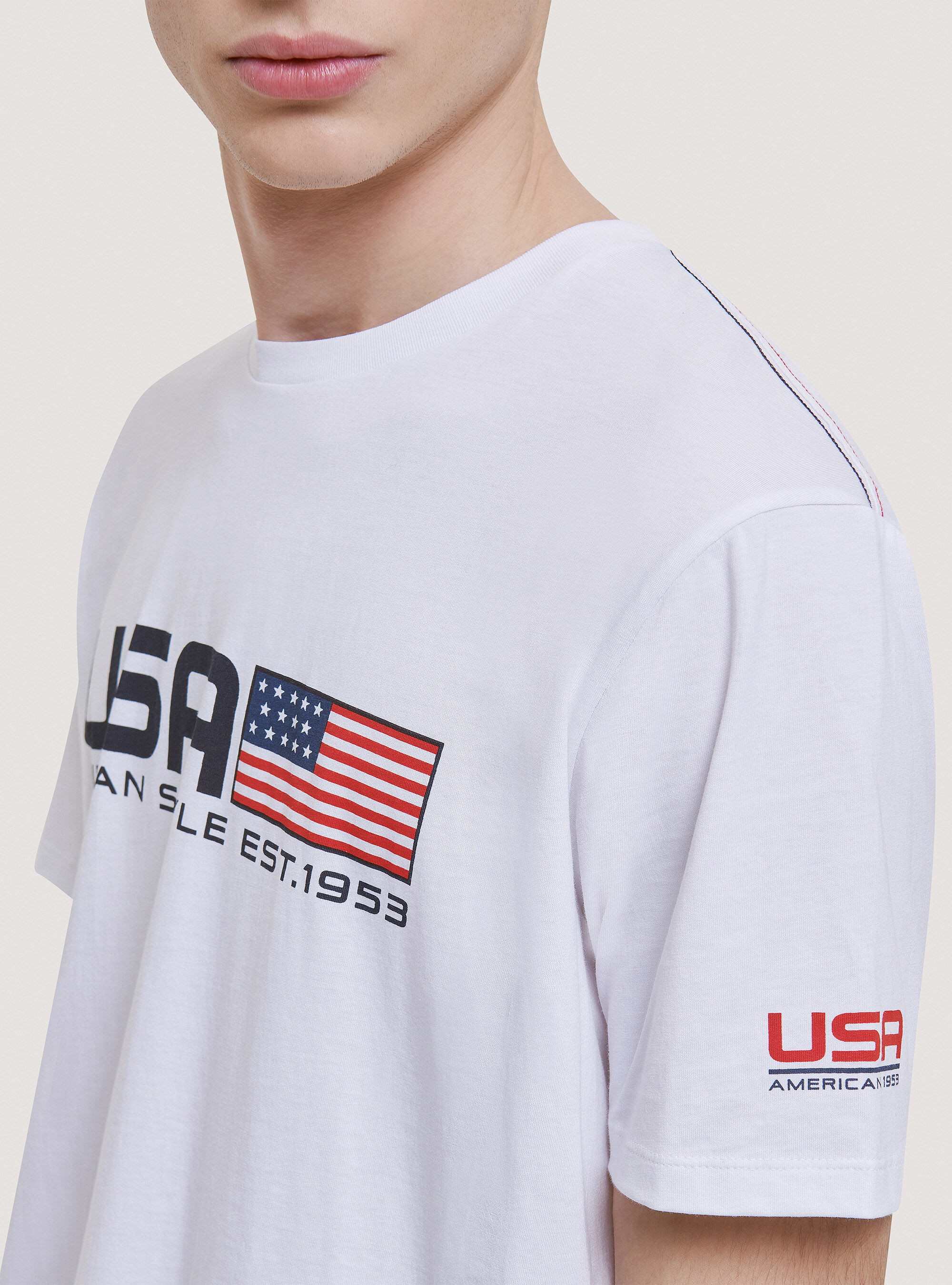Camiseta de algod&oacute;n con estampado USA, BLANCO