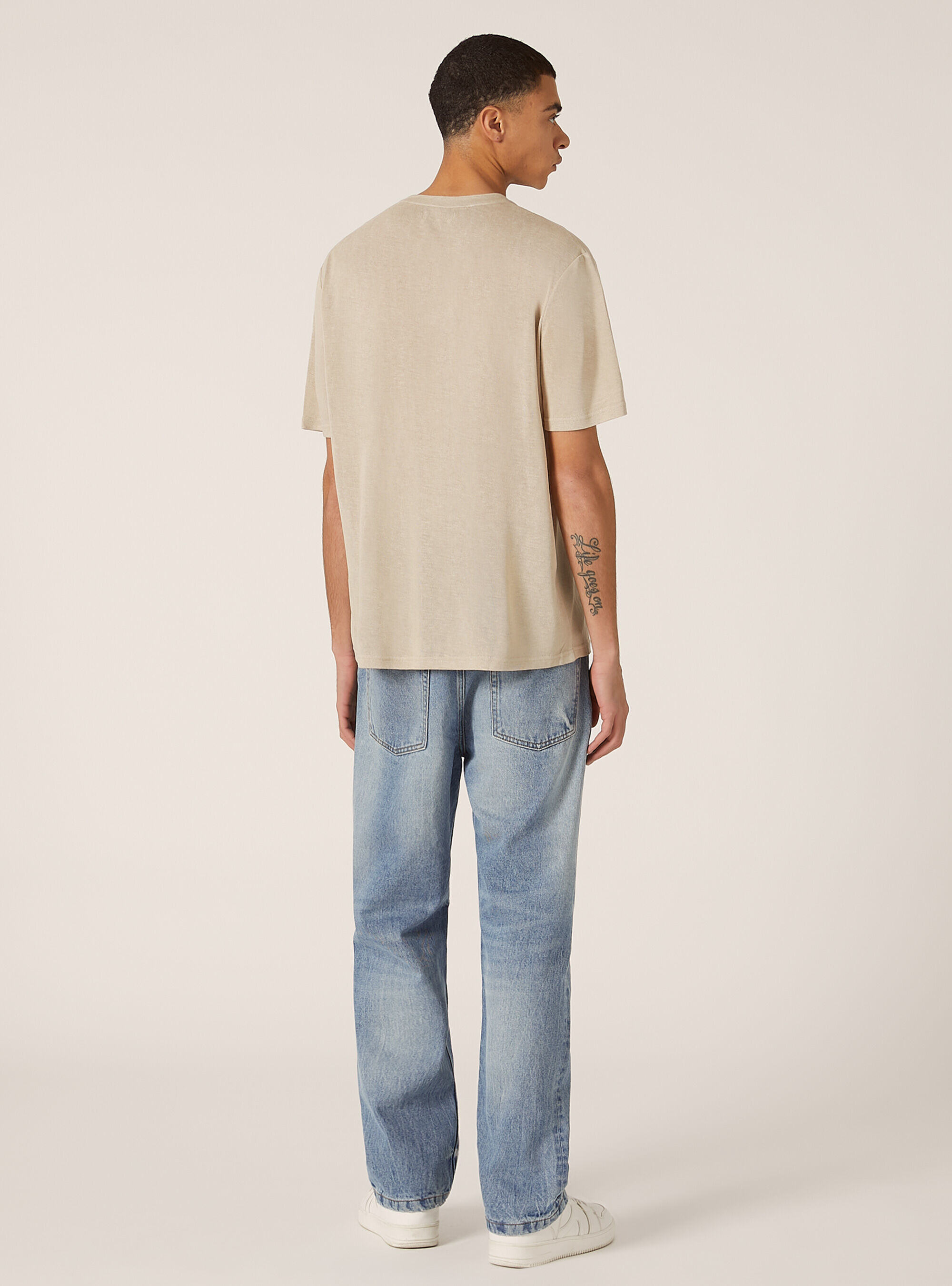 Linen-effect serafino neckline T-shirt, BG2 BEIGE MEDIUM