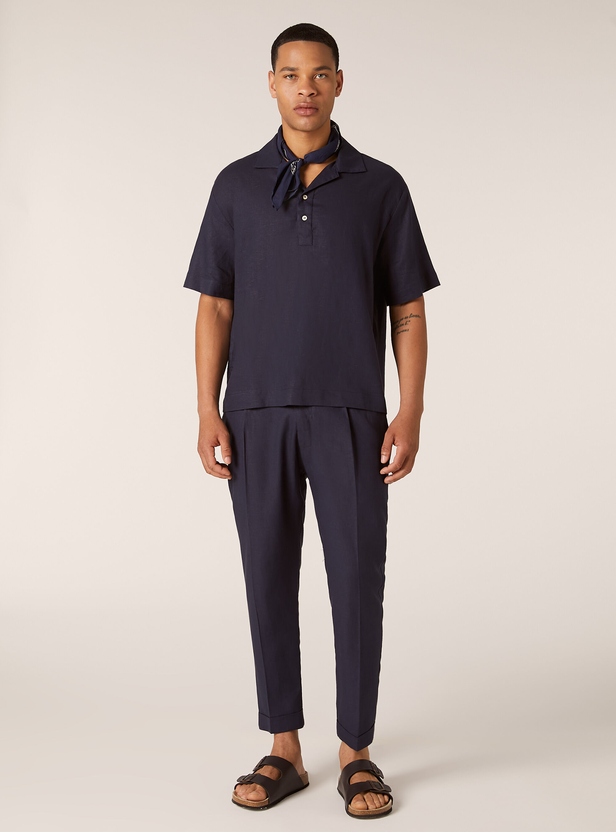 Pantalon &agrave; pinces en lin m&eacute;lang&eacute;, NA2 NAVY MEDIUM