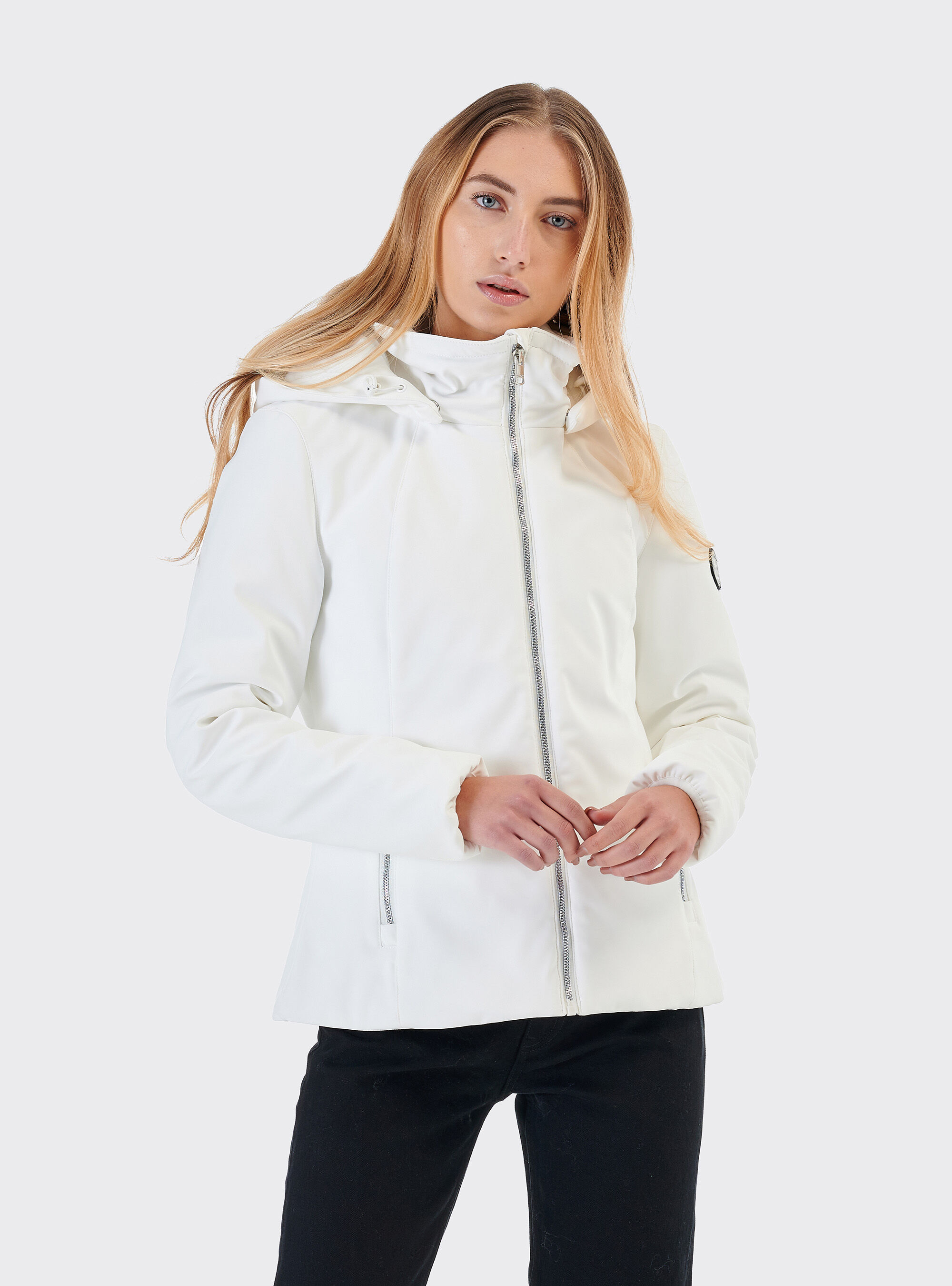 Giubbotto in tessuto tecnico con cappuccio, BIANCO