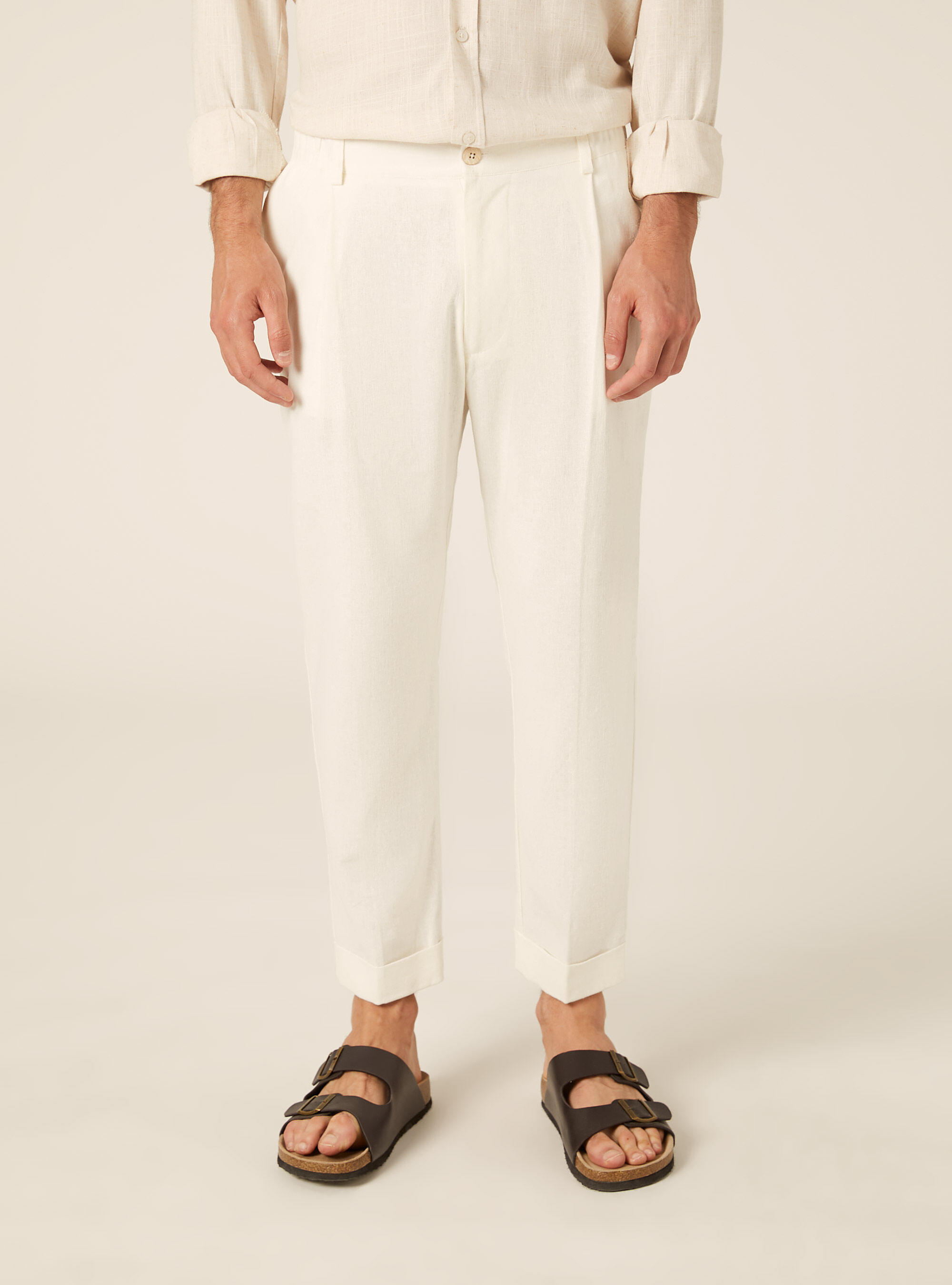 Pantaloni una pince misto lino, WH2 WHITE