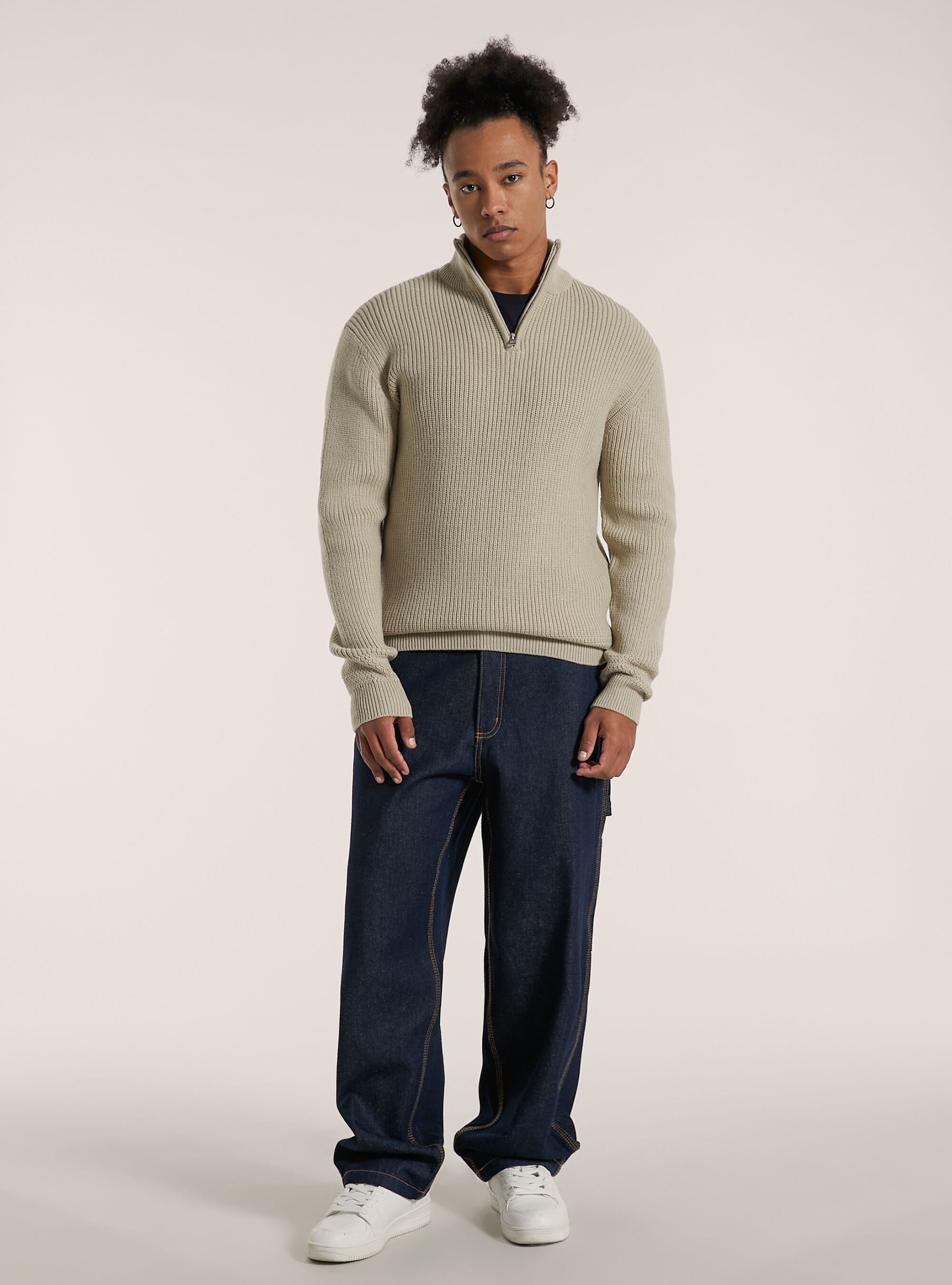High-neck pullover with half zip, MBG3 BEIGE MEL LIGHT