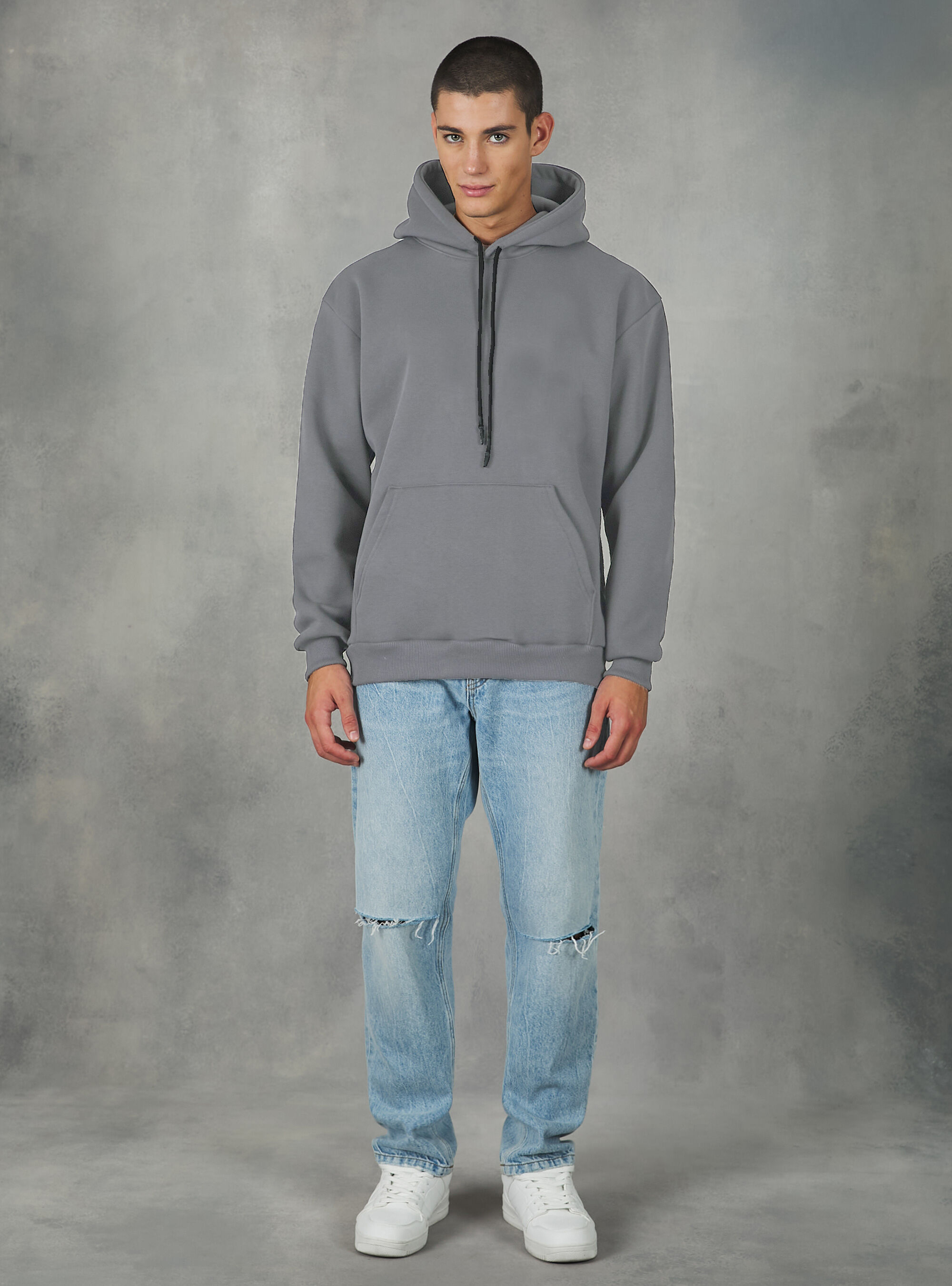 Solid pouch pocket fleece hoodie top