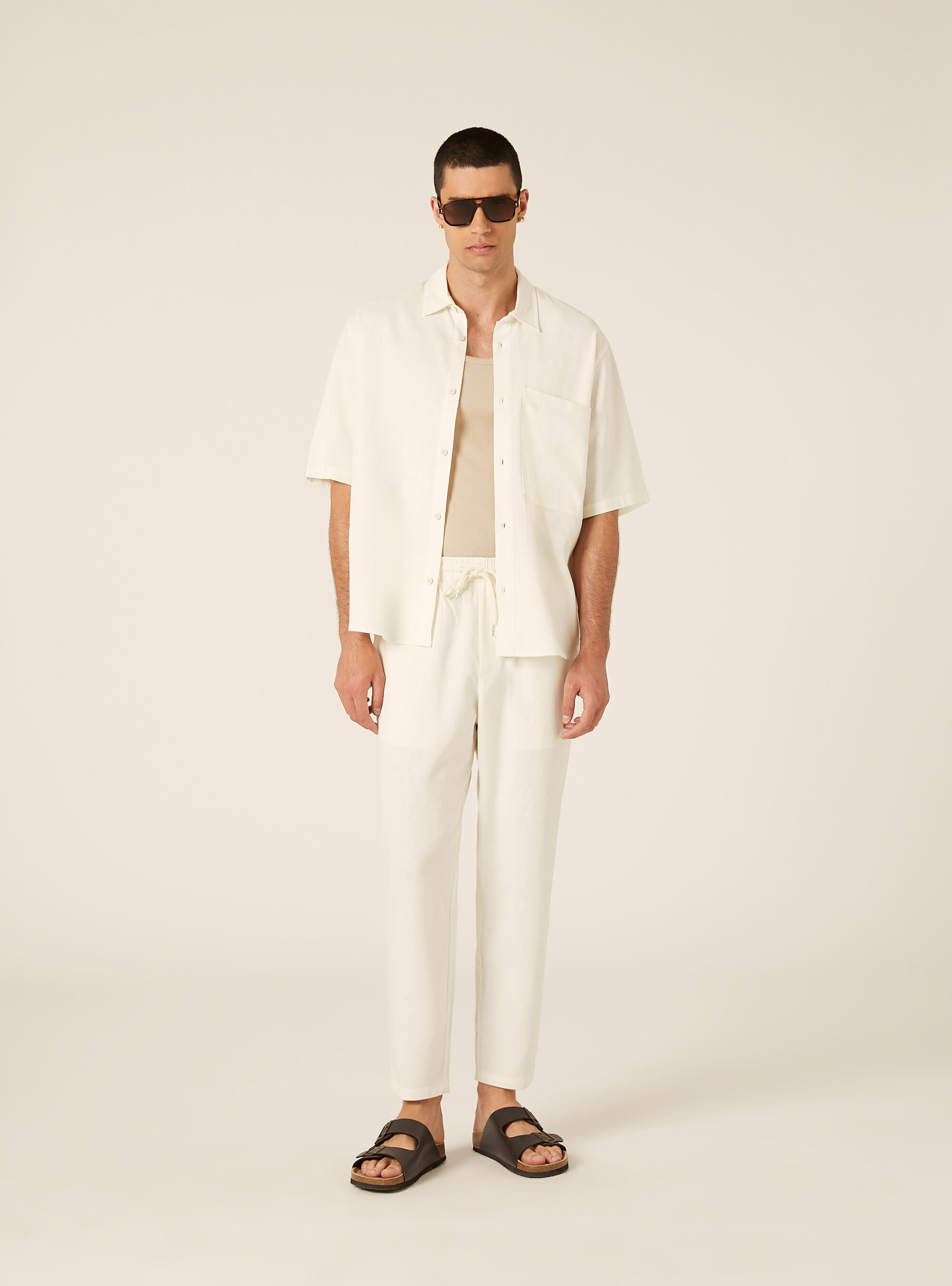Pantalaccio in misto lino  con coulisse in vita, WH2 WHITE