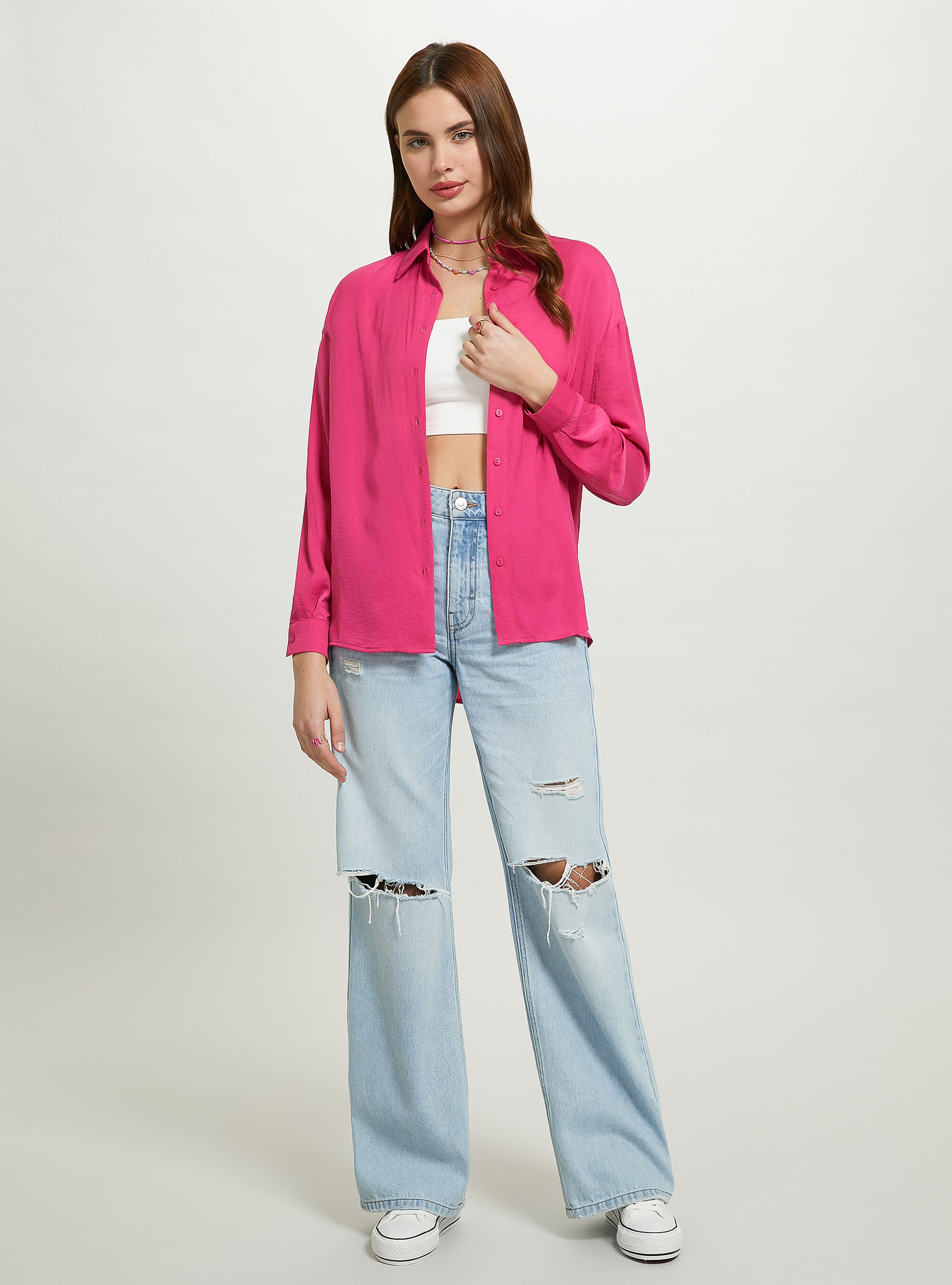 Camicia in satin in tinta unita, FX2 FUXIA MEDIUM