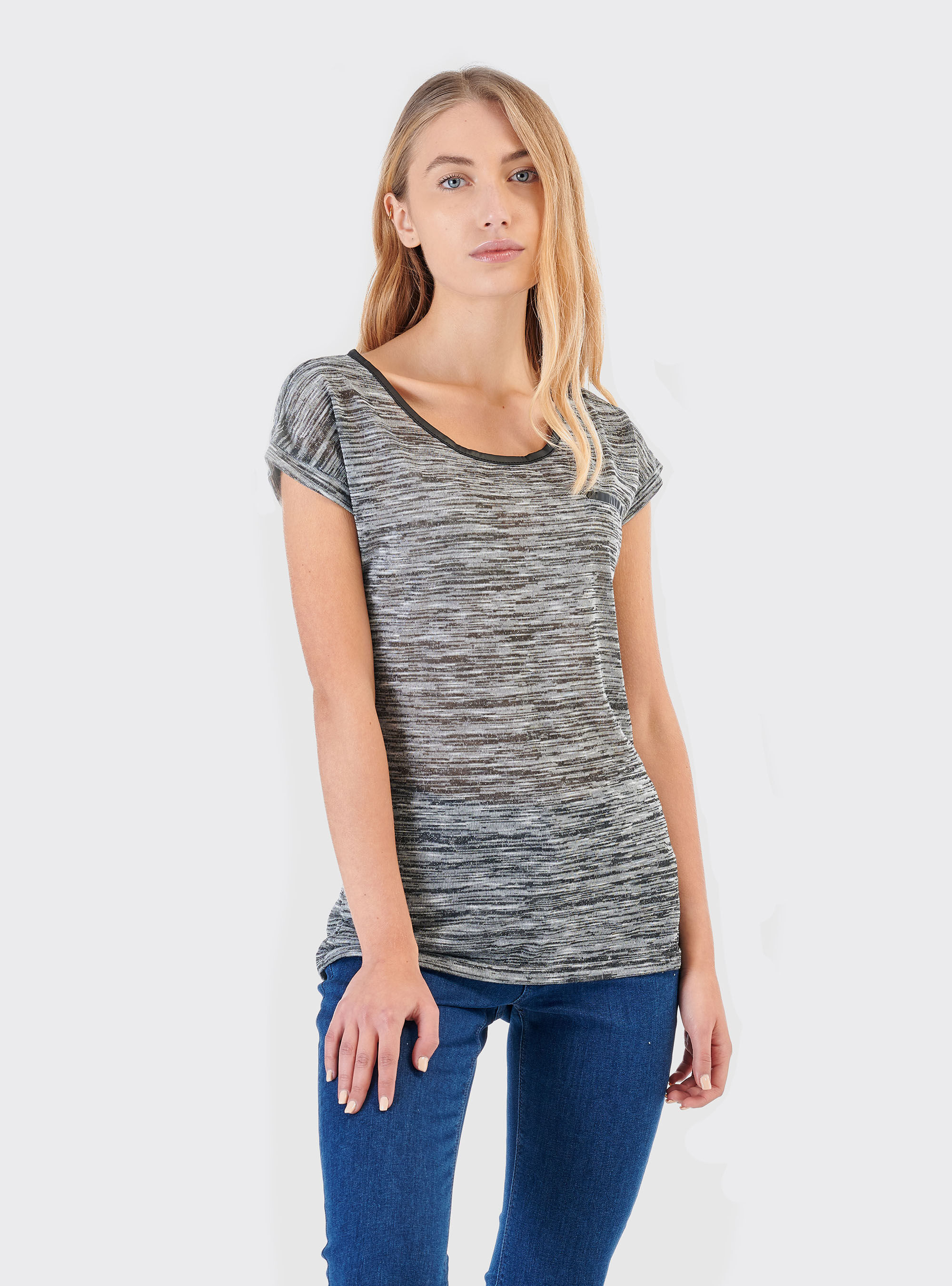 Maglietta a maniche corte con inserti effetto pelle, GREY MELANGE