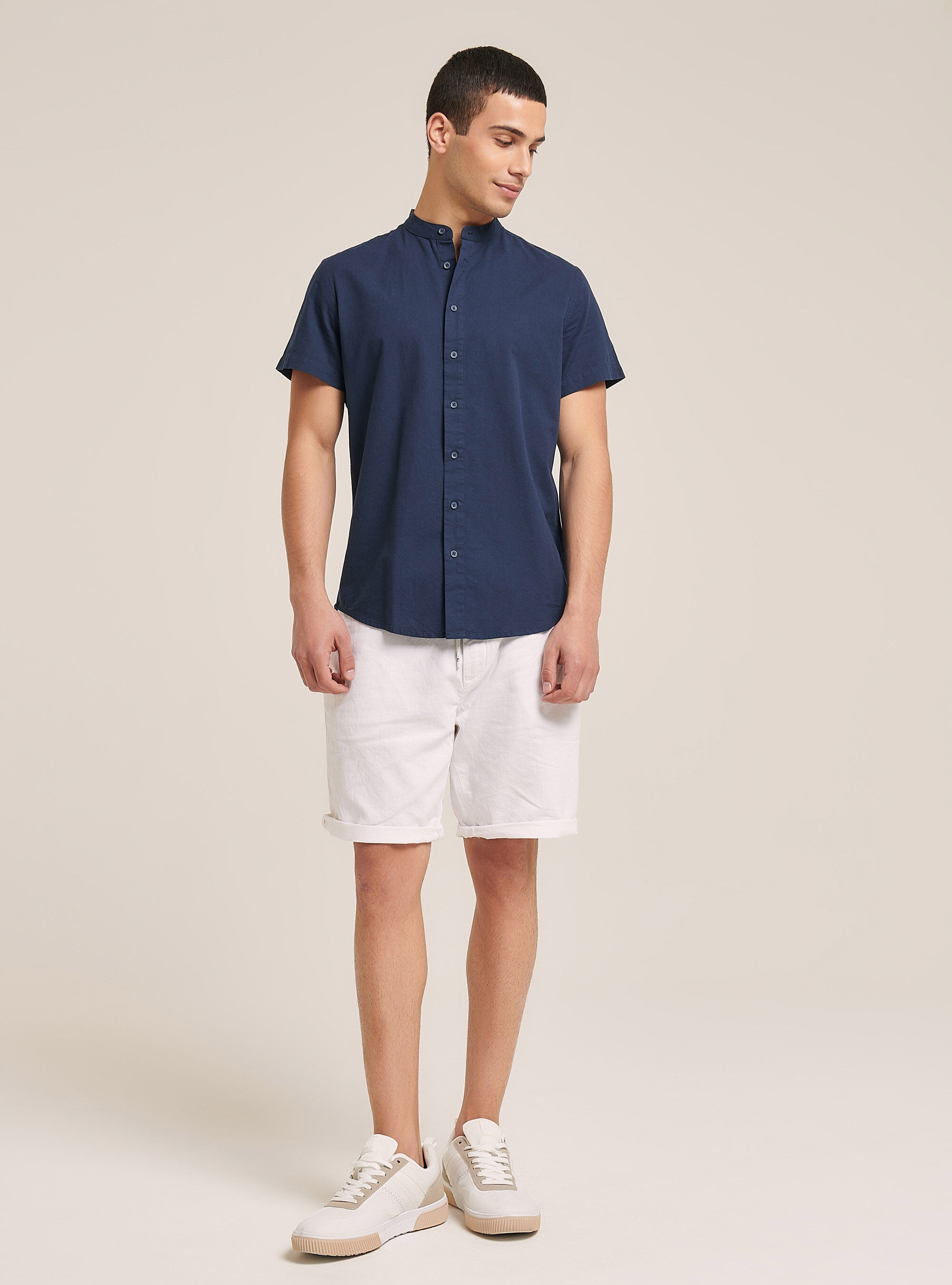 Camisa de manga corta con cuello coreano, AZUL