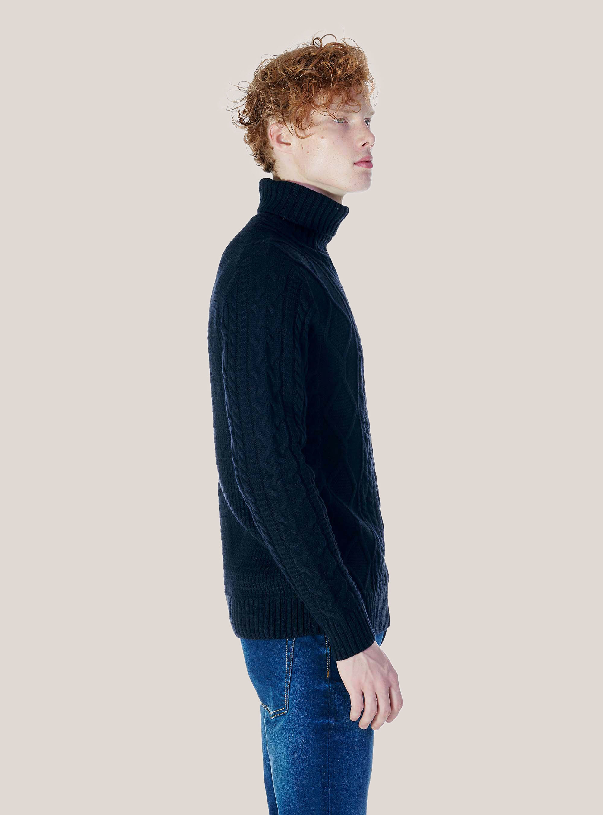 HIGH NECK BRAIDED  WOOL SWEATER, BLUE NAVY