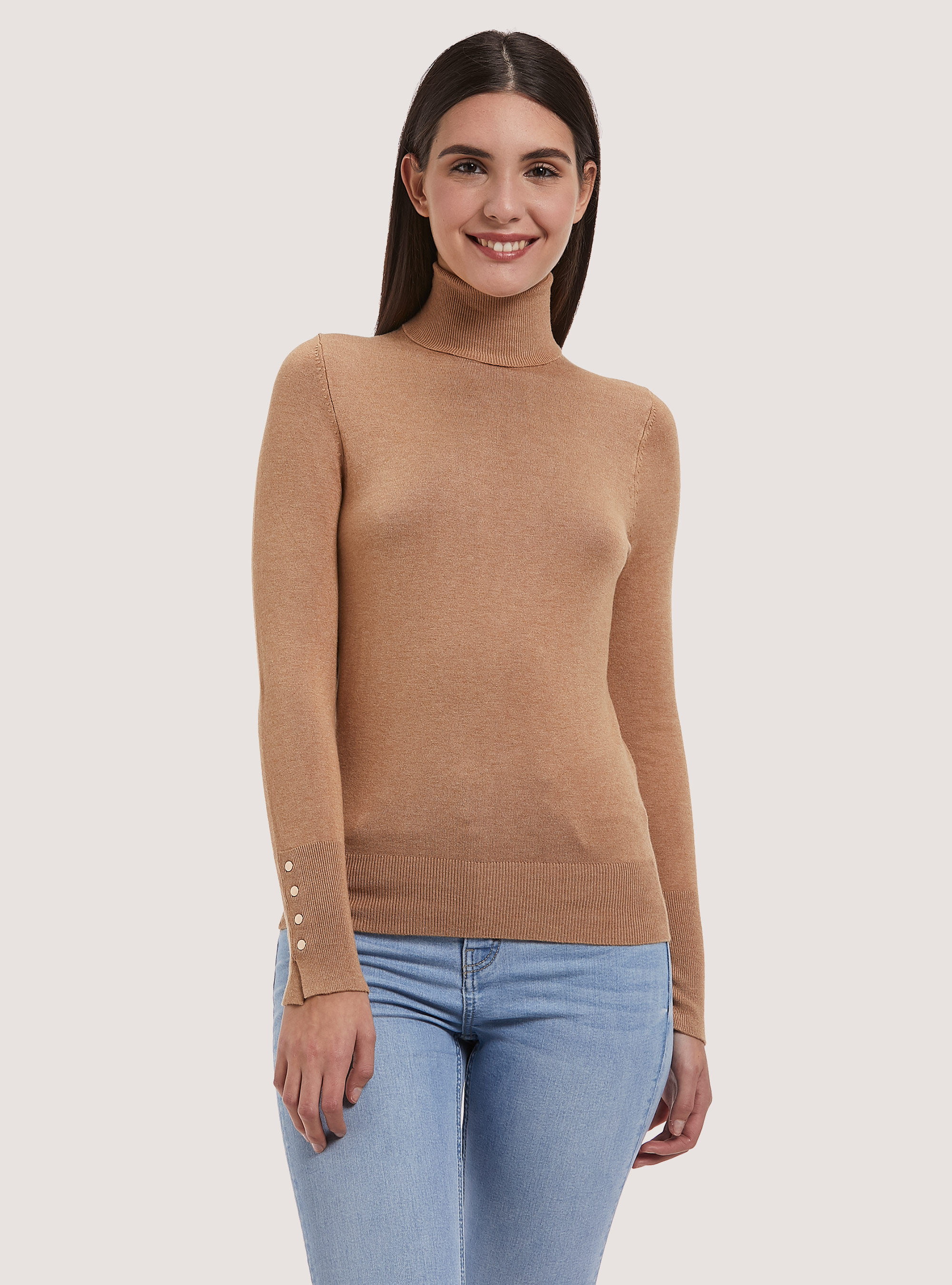 Pullover a collo alto con bottoni sulla manica, MBG2 BEIGE MEL MED