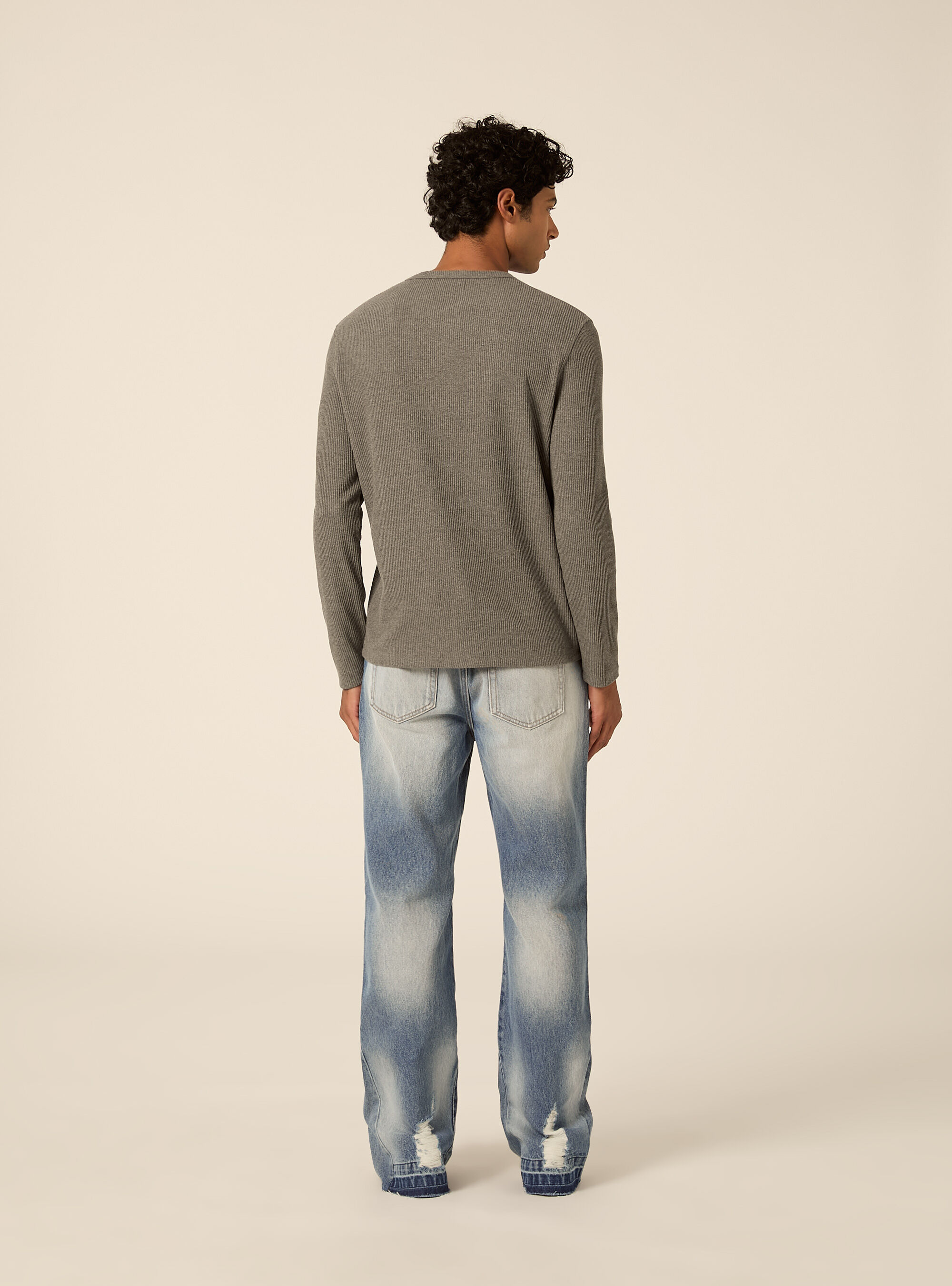 T-shirt henley a coste con  manica lunga, MGY1 GREY MEL DARK