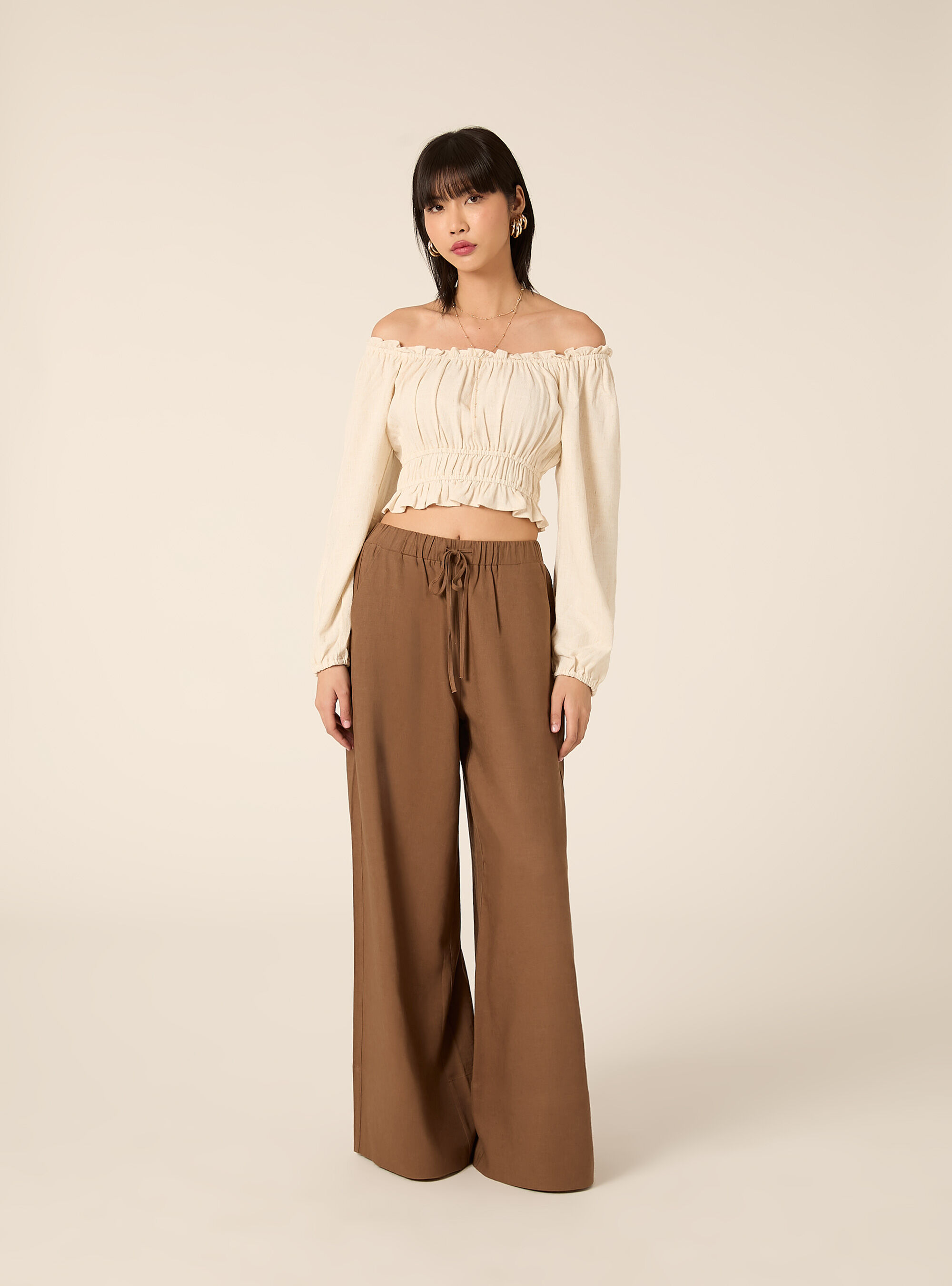 Blusa con spalle scoperte in misto lino, MBG3 BEIGE MEL LIGHT