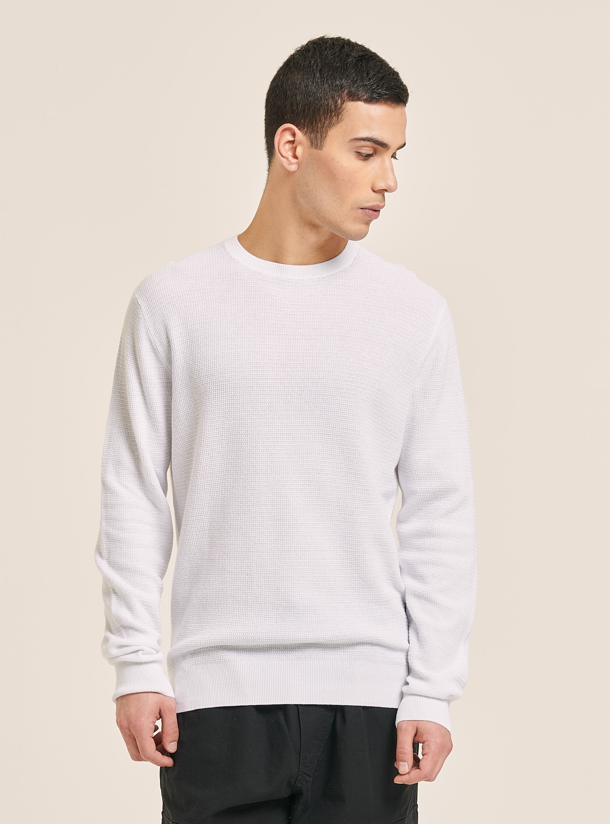 Textured cotton crew neck pullover, WH1 OFF WHITE