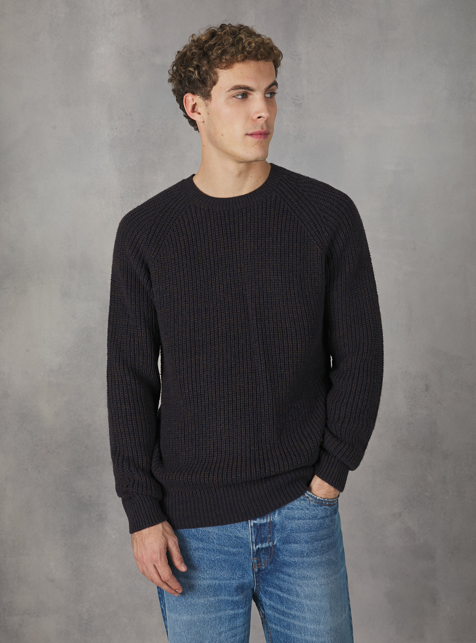 Pull &agrave; col rond en maille anglaise, MBR1 BROWN MEL DARK