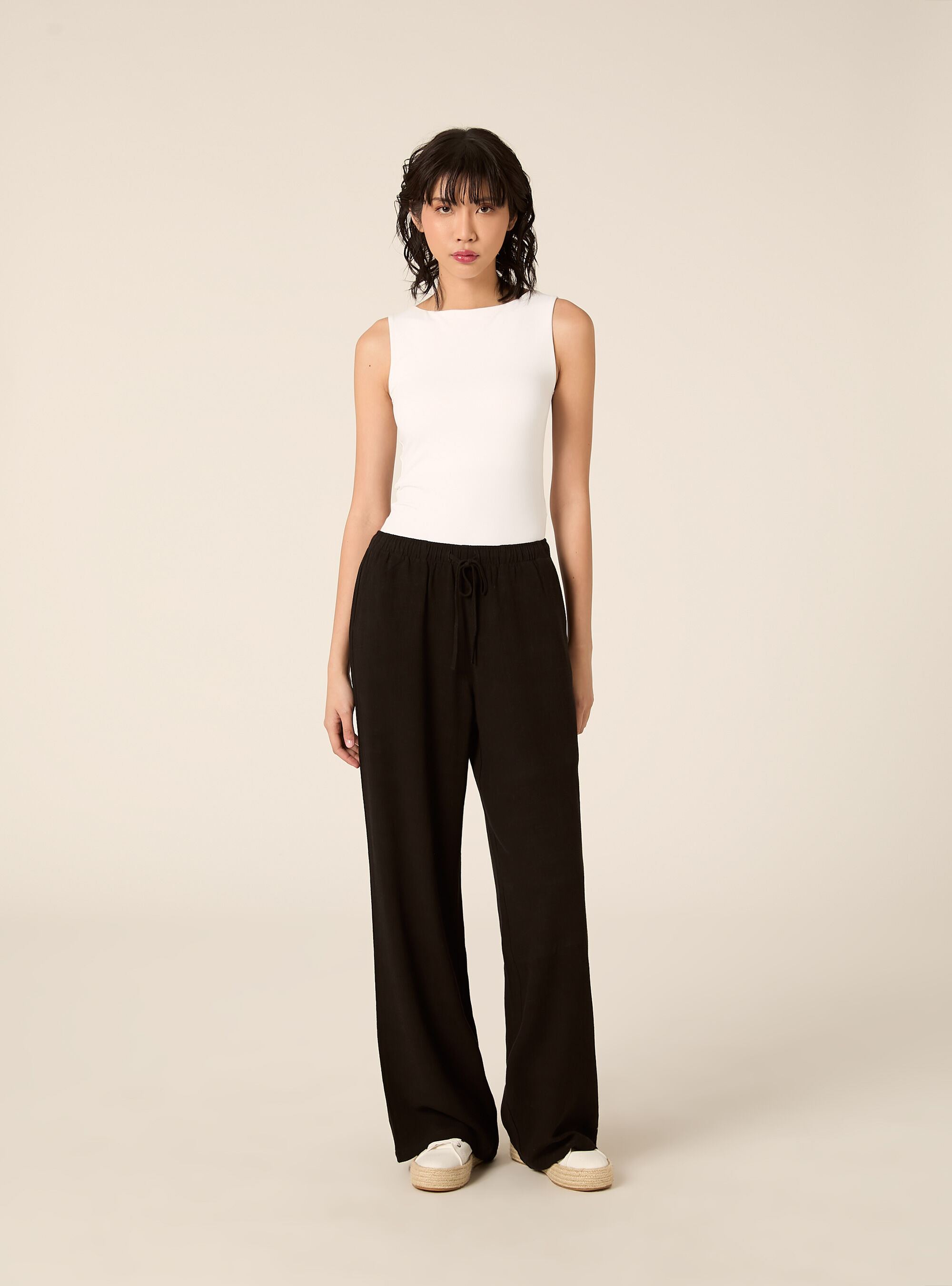 Pantaloni wide leg in misto lino, BK1 BLACK