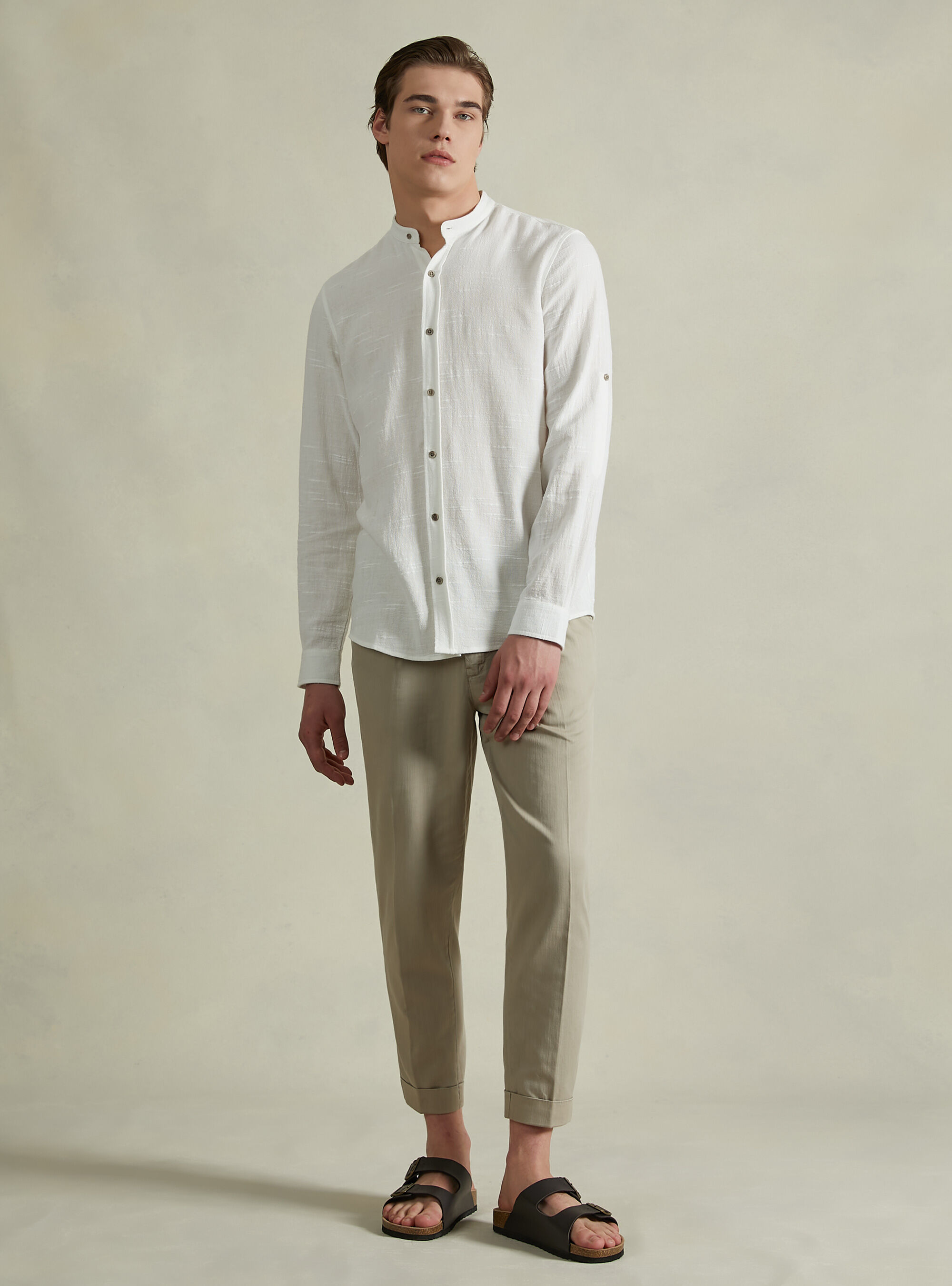 Linen blend shirt with Korean collar, WH1 OFF WHITE