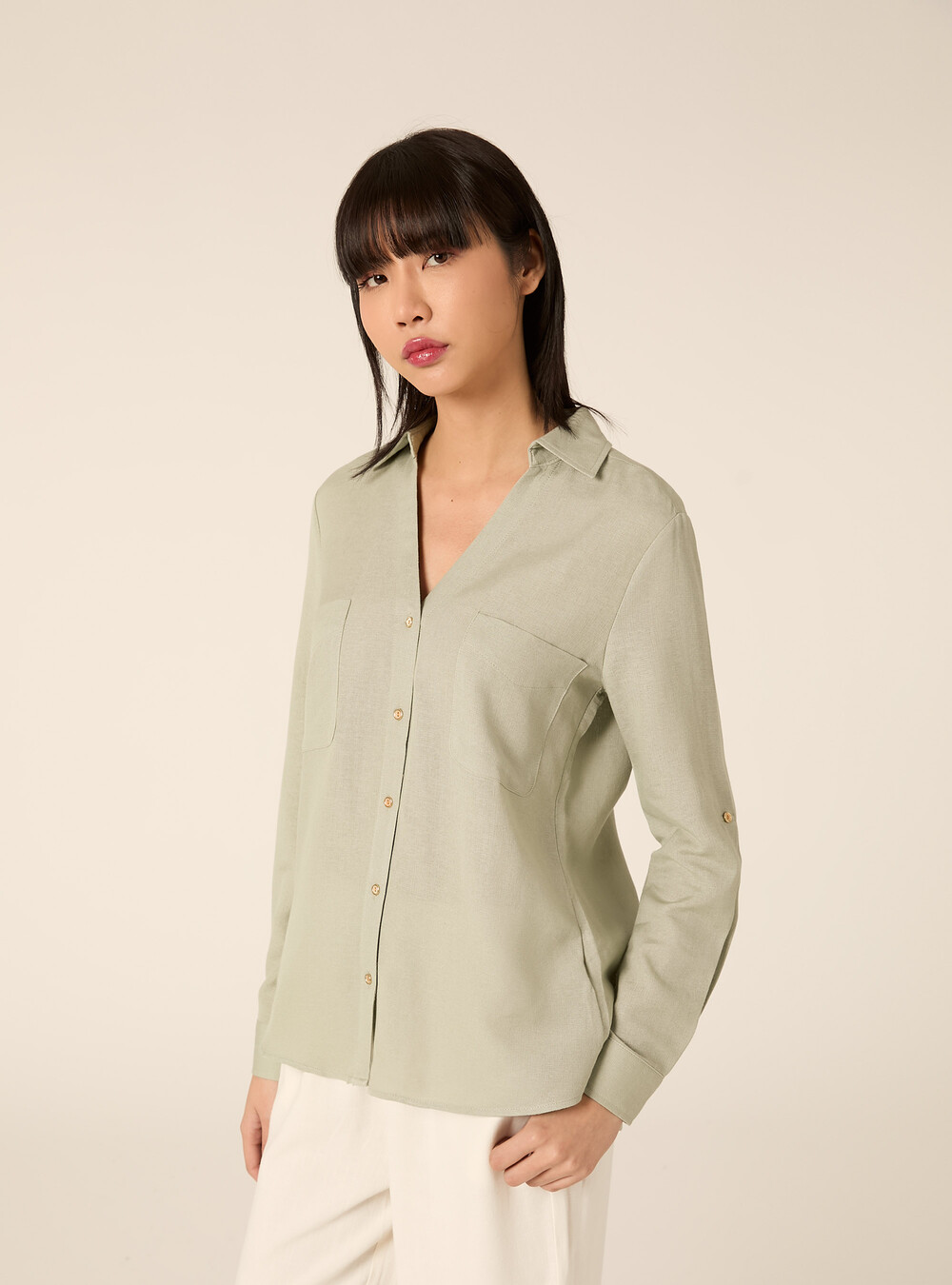 Linen-blend shirt with a V-neck, SG3 SAGE LIGHT