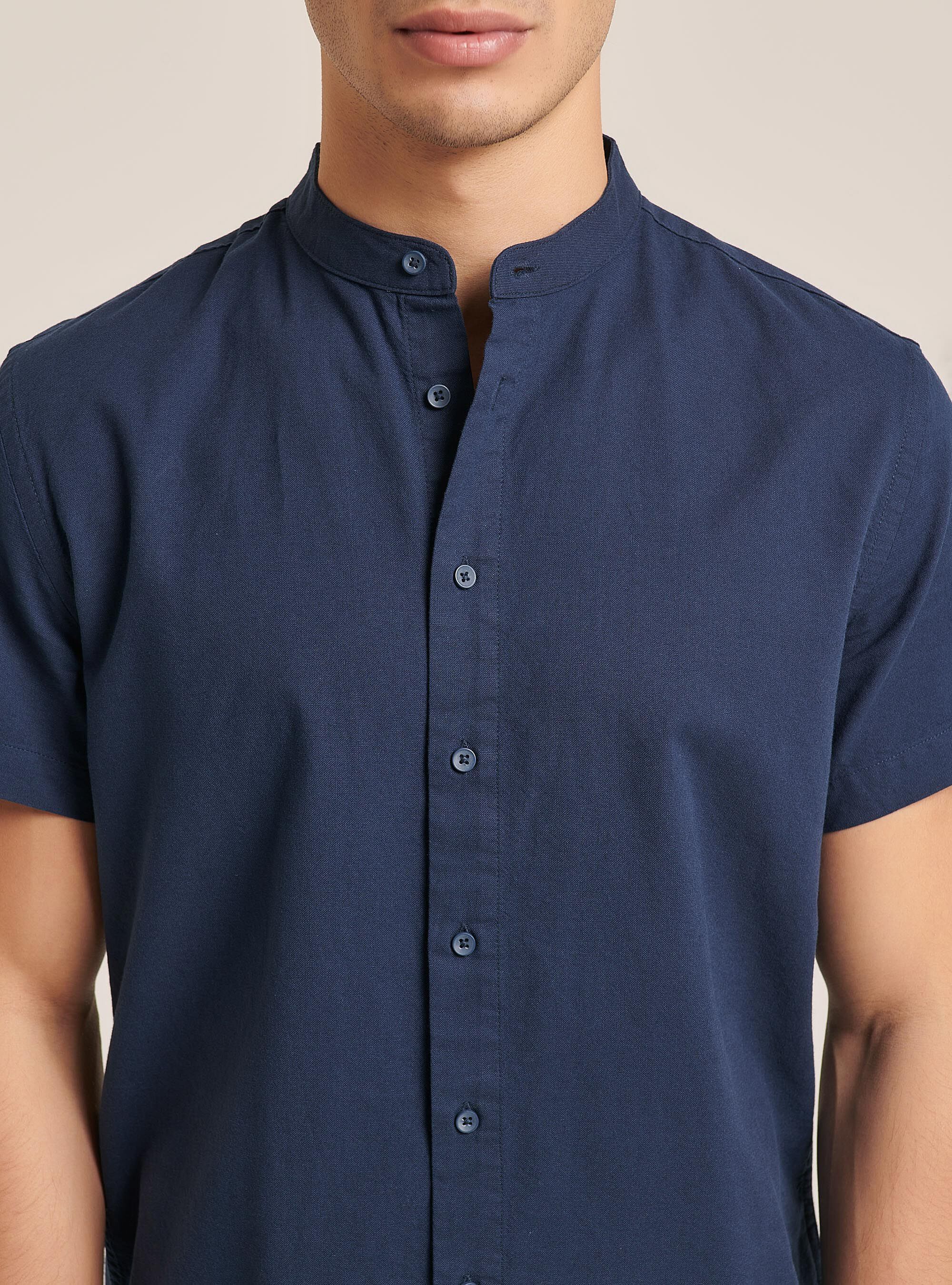 Camisa de manga corta con cuello coreano, AZUL