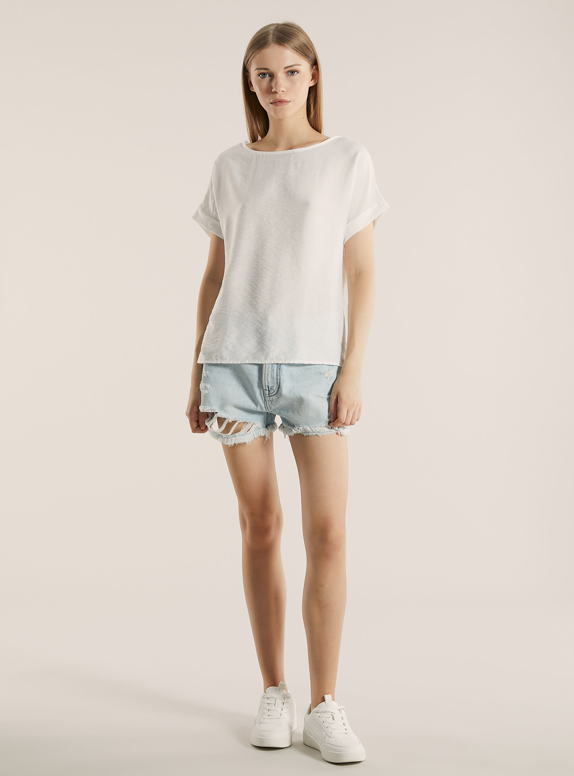 Blusa in cannet&eacute; in tinta unita, WH2 WHITE