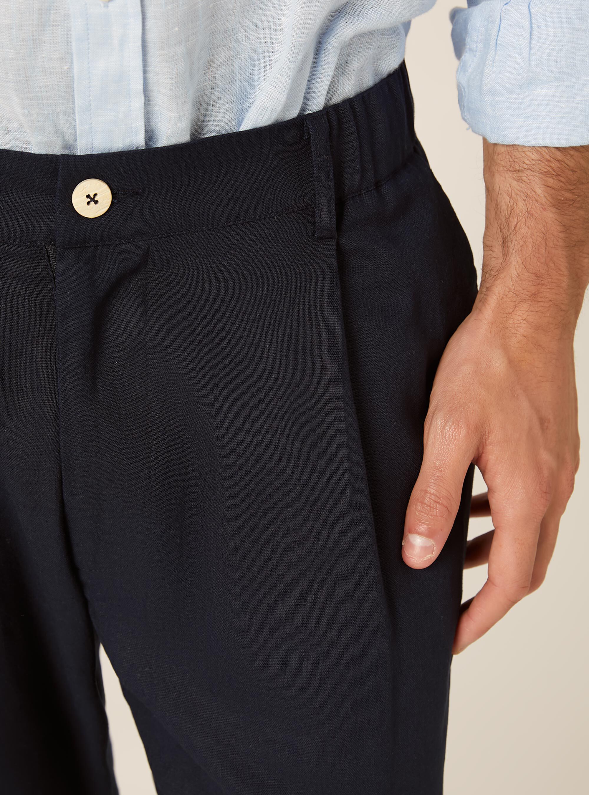 Pantaloni una pince misto lino, NA1 NAVY DARK