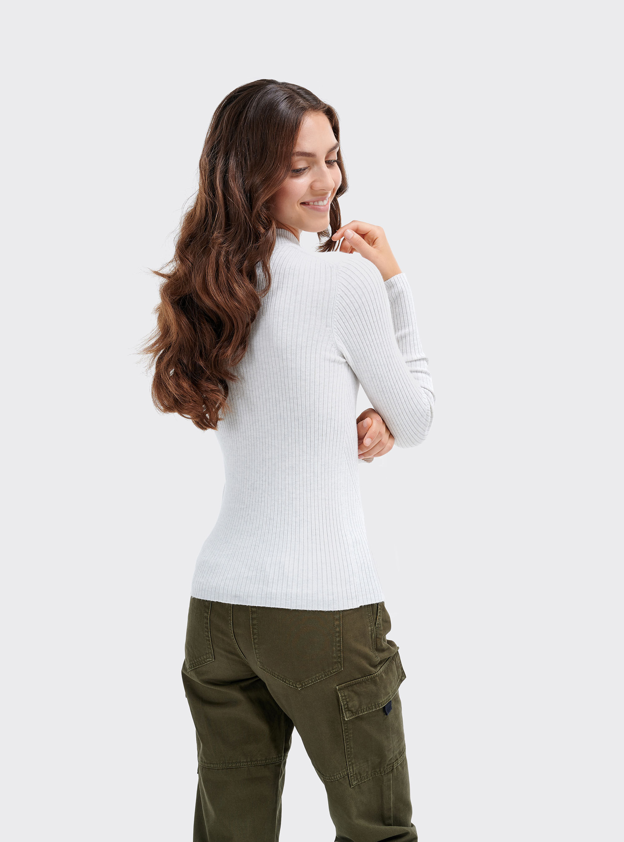 Half-neck pullover in ribbed knit, WHITE MELANGE