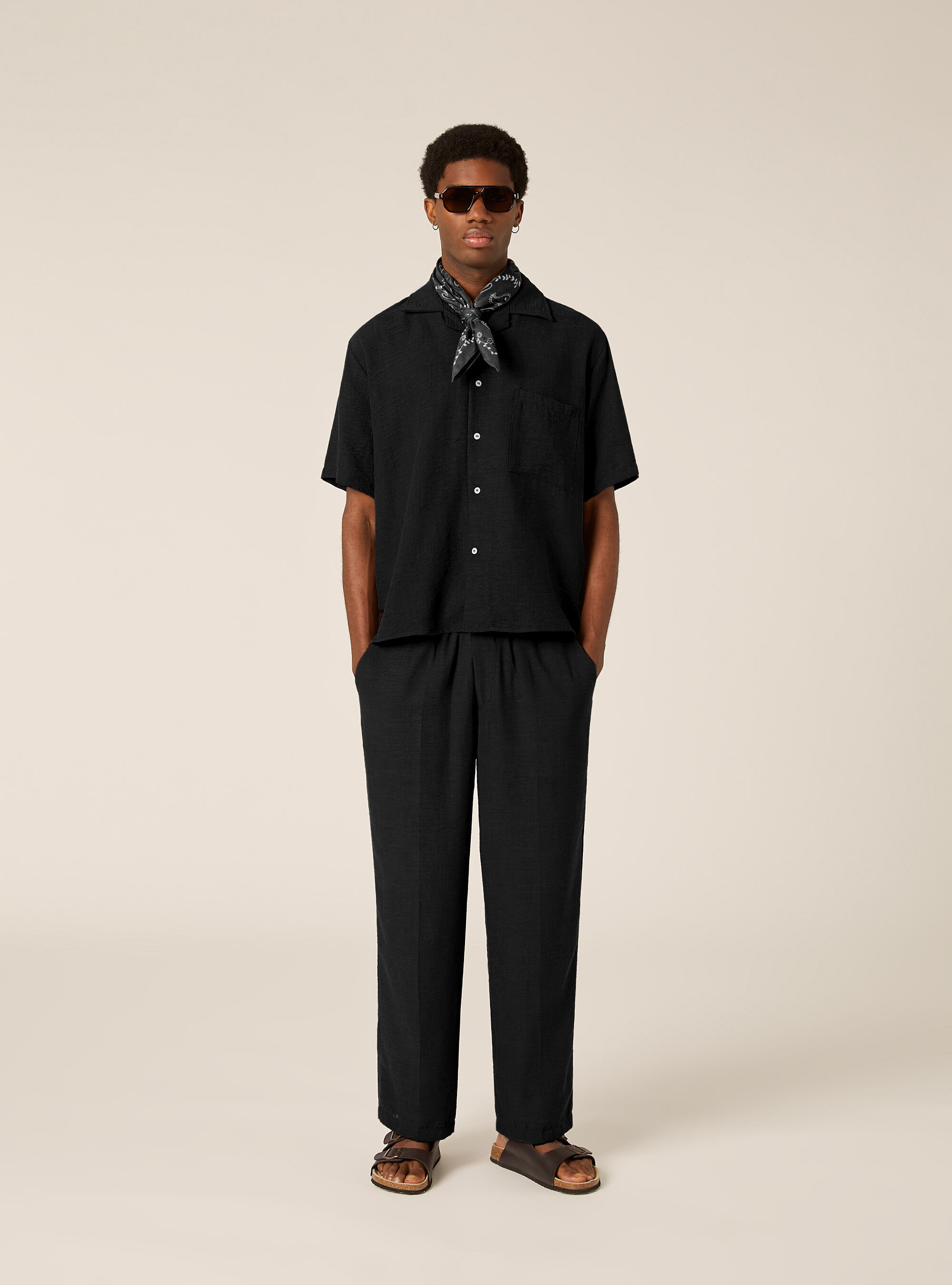 Pantalon Jambe Droite en Tissu Flamm&eacute;, BK1 BLACK