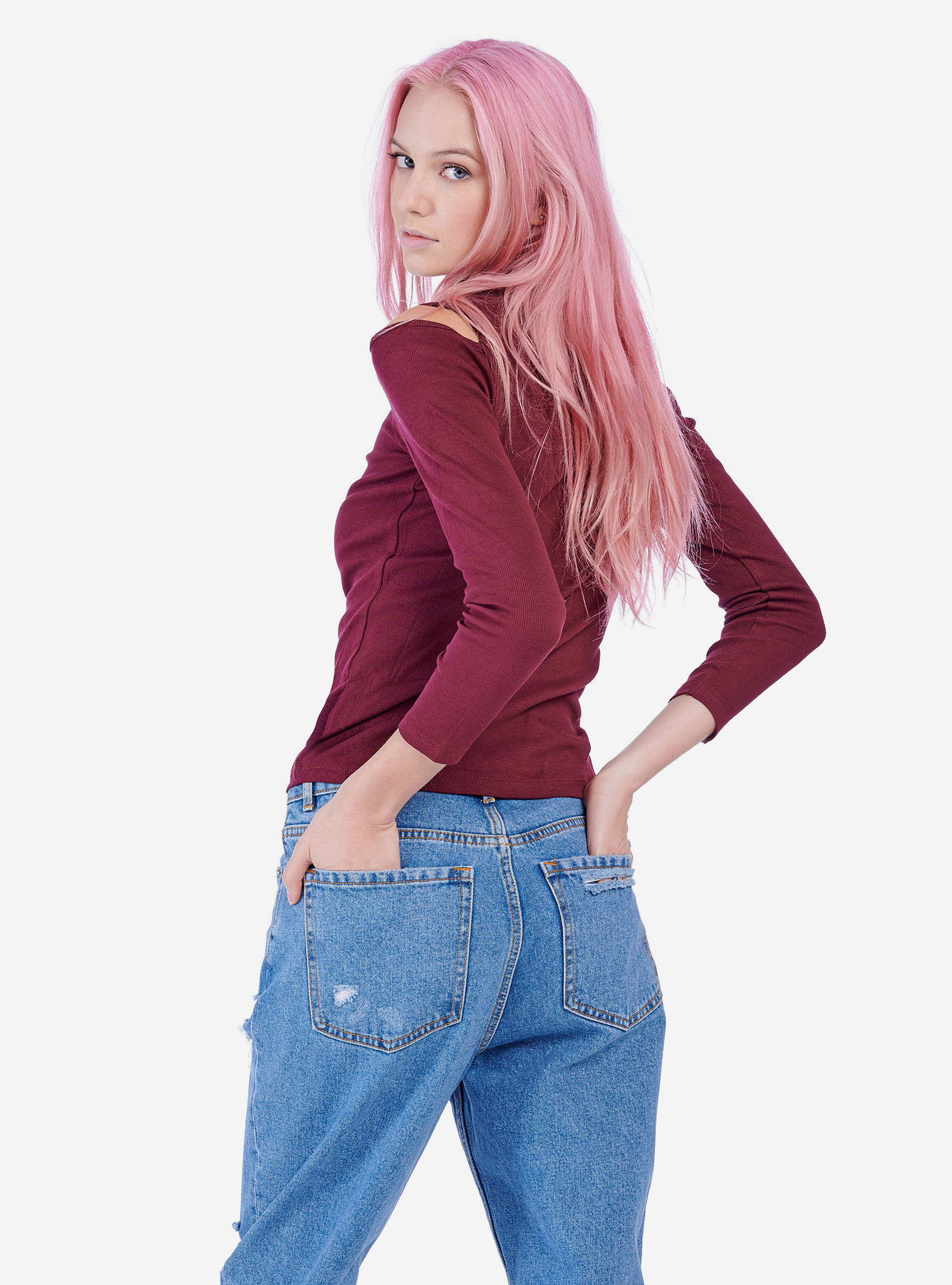 HIGH NECK SWEATER WITH BARE SHOULDERS, BORDEAUX