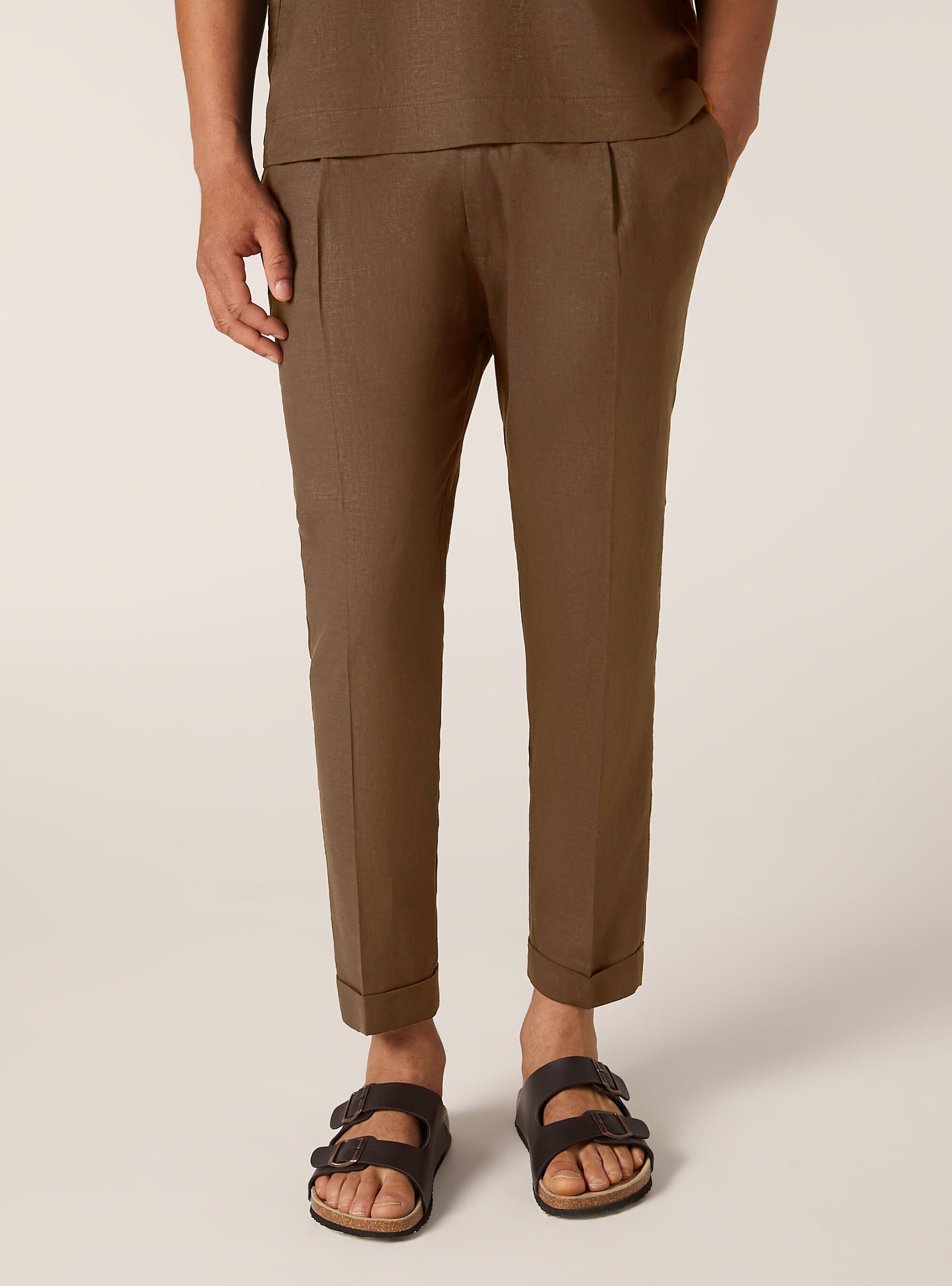Linen blend trousers with pleats, TB2 TOBACCO MEDIUM